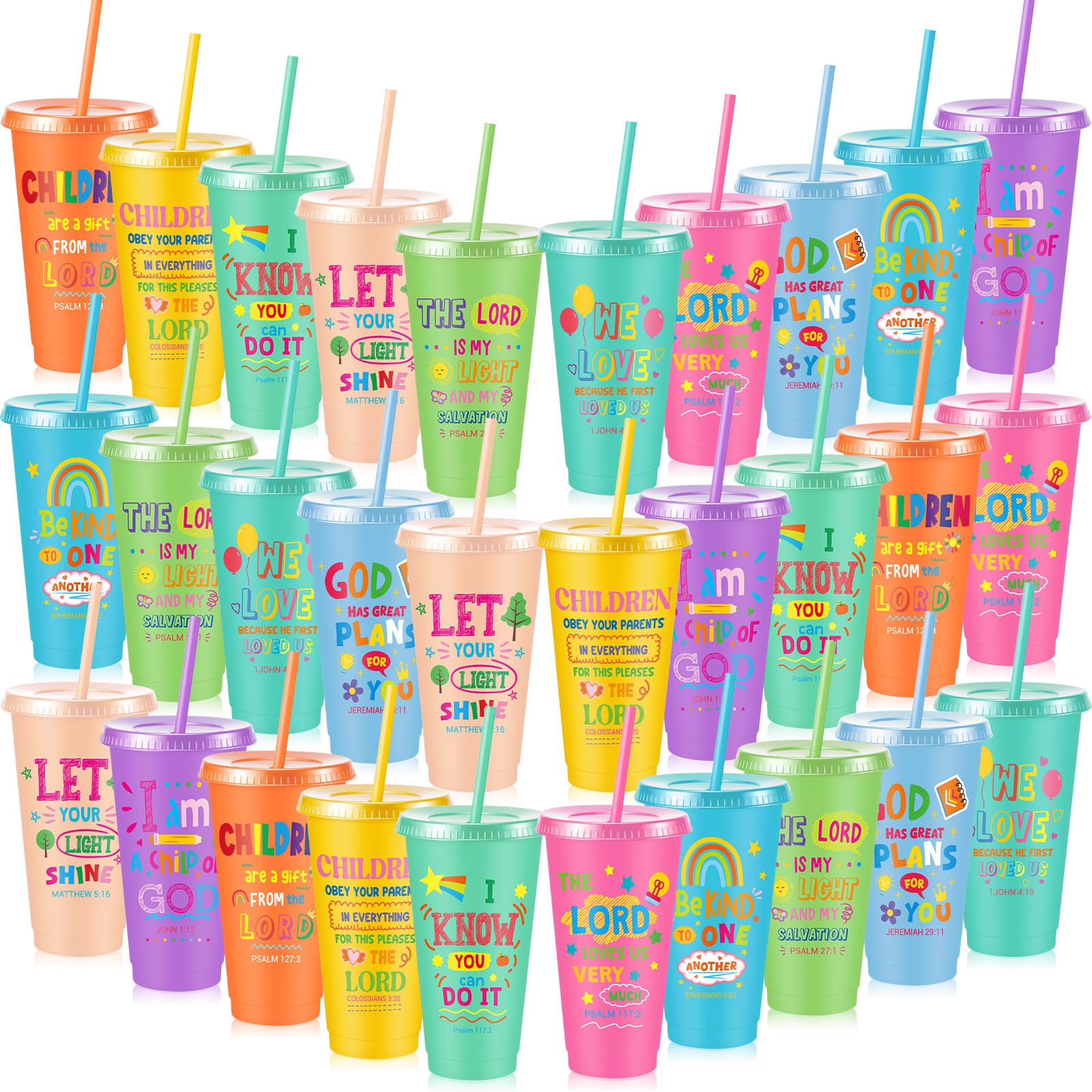 Uiifan 30 Pcs Christian Cups Bulk for Kids, Religious Plastic Tumblers with Bible Verses, Sunday School and Church Gifts, Reusab