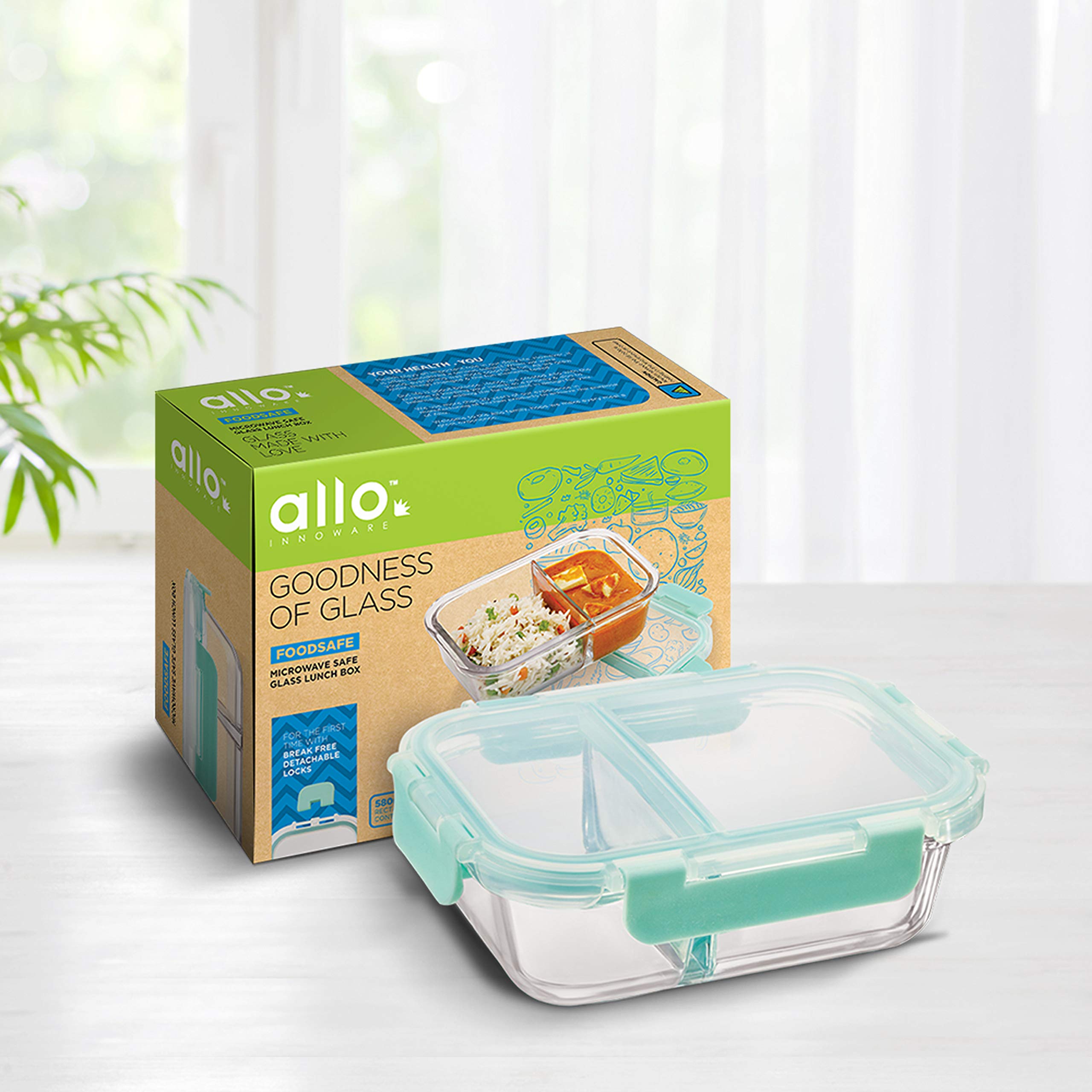 Allo Foodsafe Compartment Glass Lunch Box With Break Free Detachable Lock, Oven & Microwave Safe, Borosilicate Glass Container W