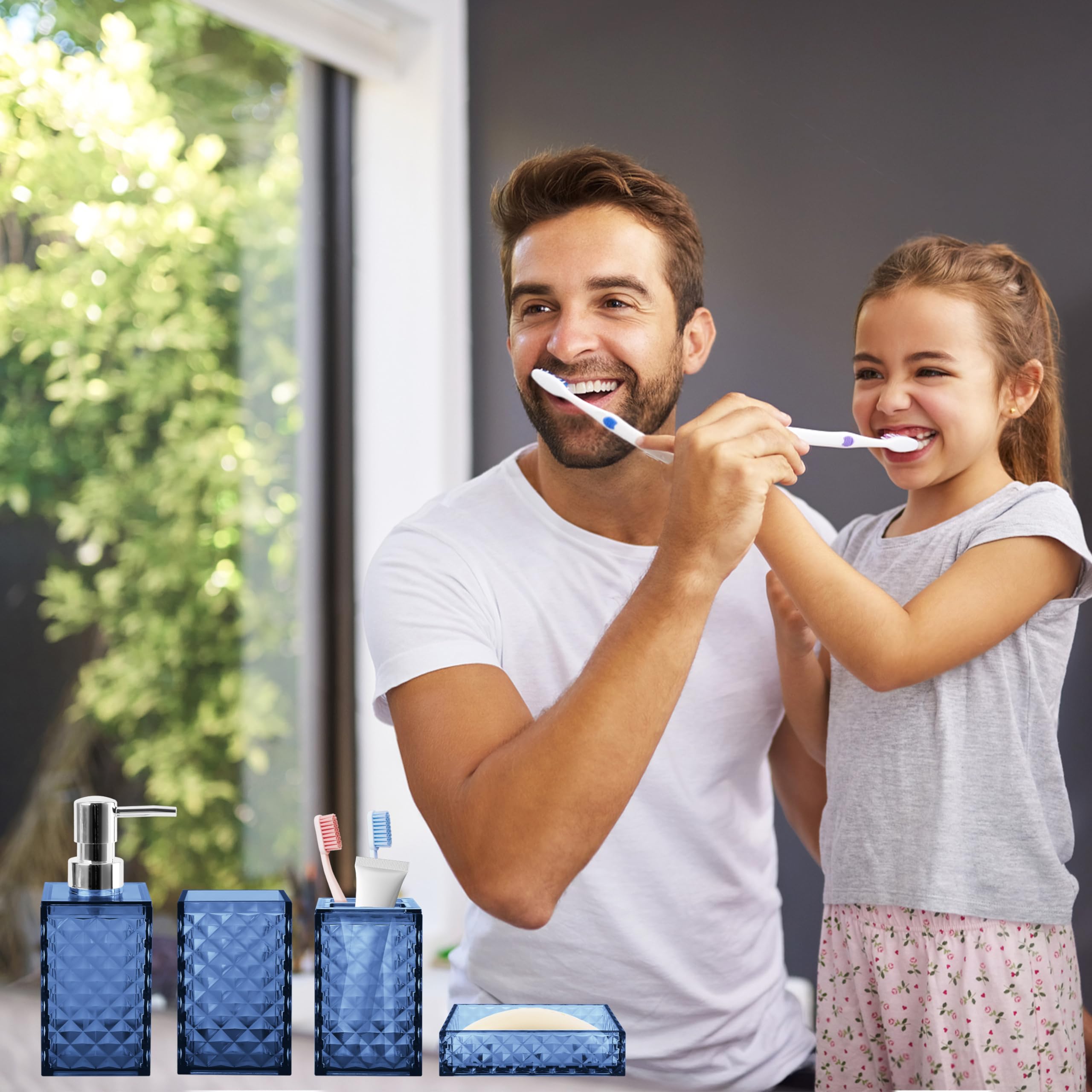 Seeatoo Bathroom Accessory Set, 4 Pcs Blue Bathroom Accessories Sets, Soap Dispenser And Toothbrush Holder Set, Soap Dish And Mo
