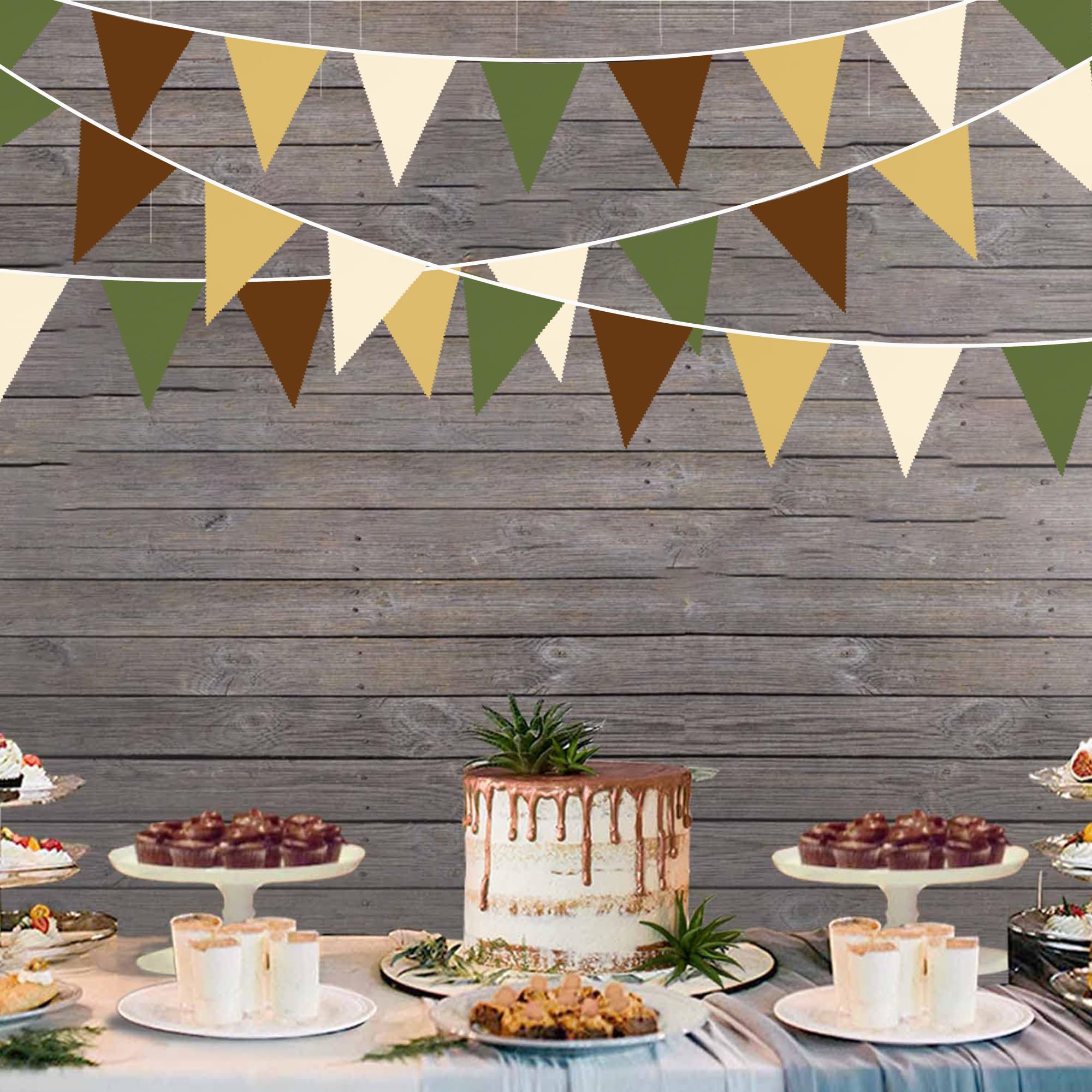 32Ft Woodland Party Decorations Olive Green Tan Brown Cream Neutral Triangle Flag Fabric Banner Pennant Bunting Garland Streamer