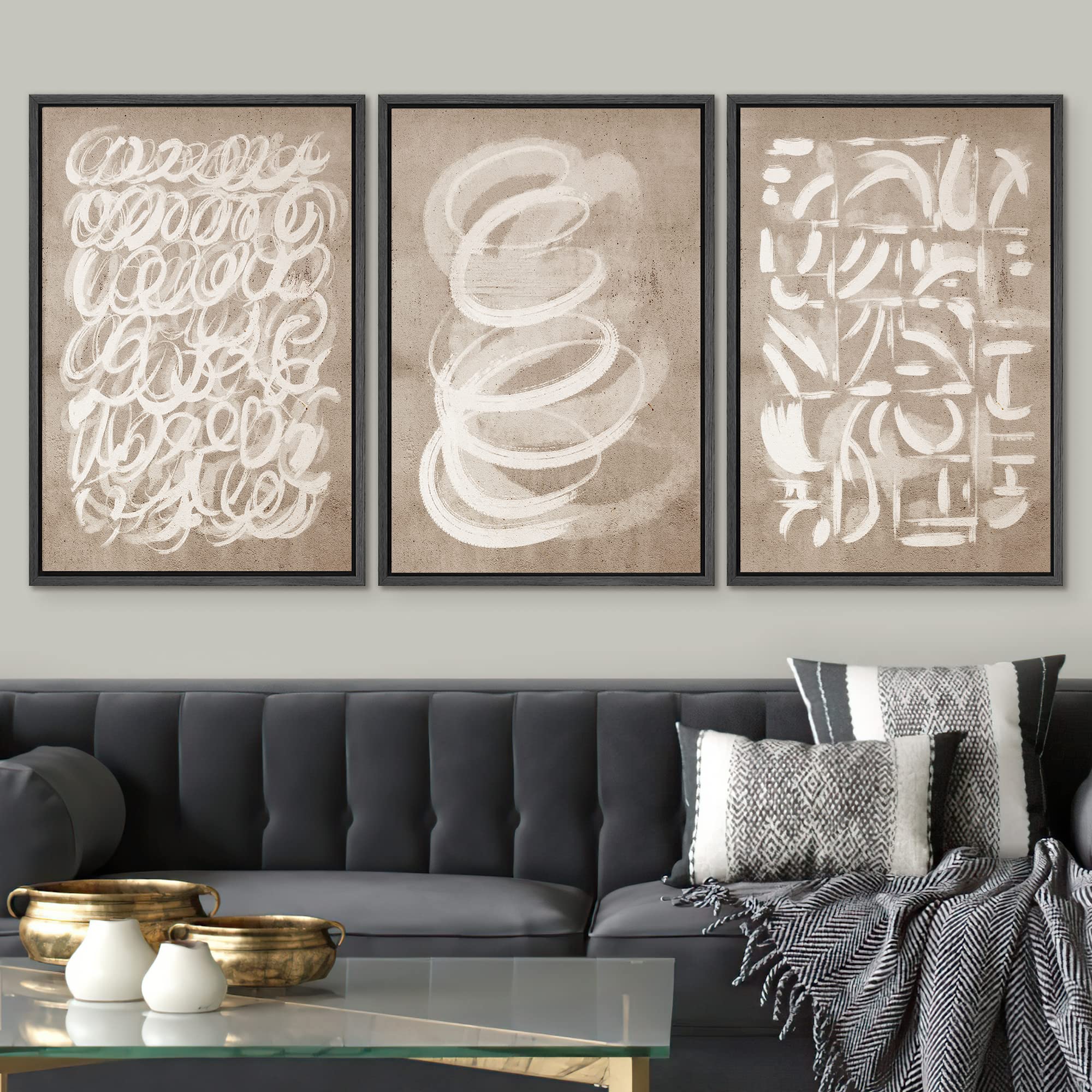 SIGNWIN Framed Canvas Print Wall Art Set Geometric Brown White Paint Collage Shapes Abstract Illustrations Modern Art Decorative Nordic Calm/Zen for Living Room  Bedroom  Office - 16''x24''x3 Black
