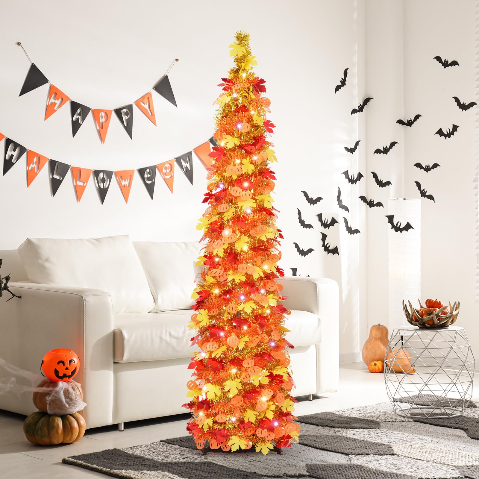 N&T NIETING Collapsible Pumpkin Decorations, Pop Up Fall Tree with Lights & Timer, Light Up Tree Home Decor, Tinsel Pencil Tree
