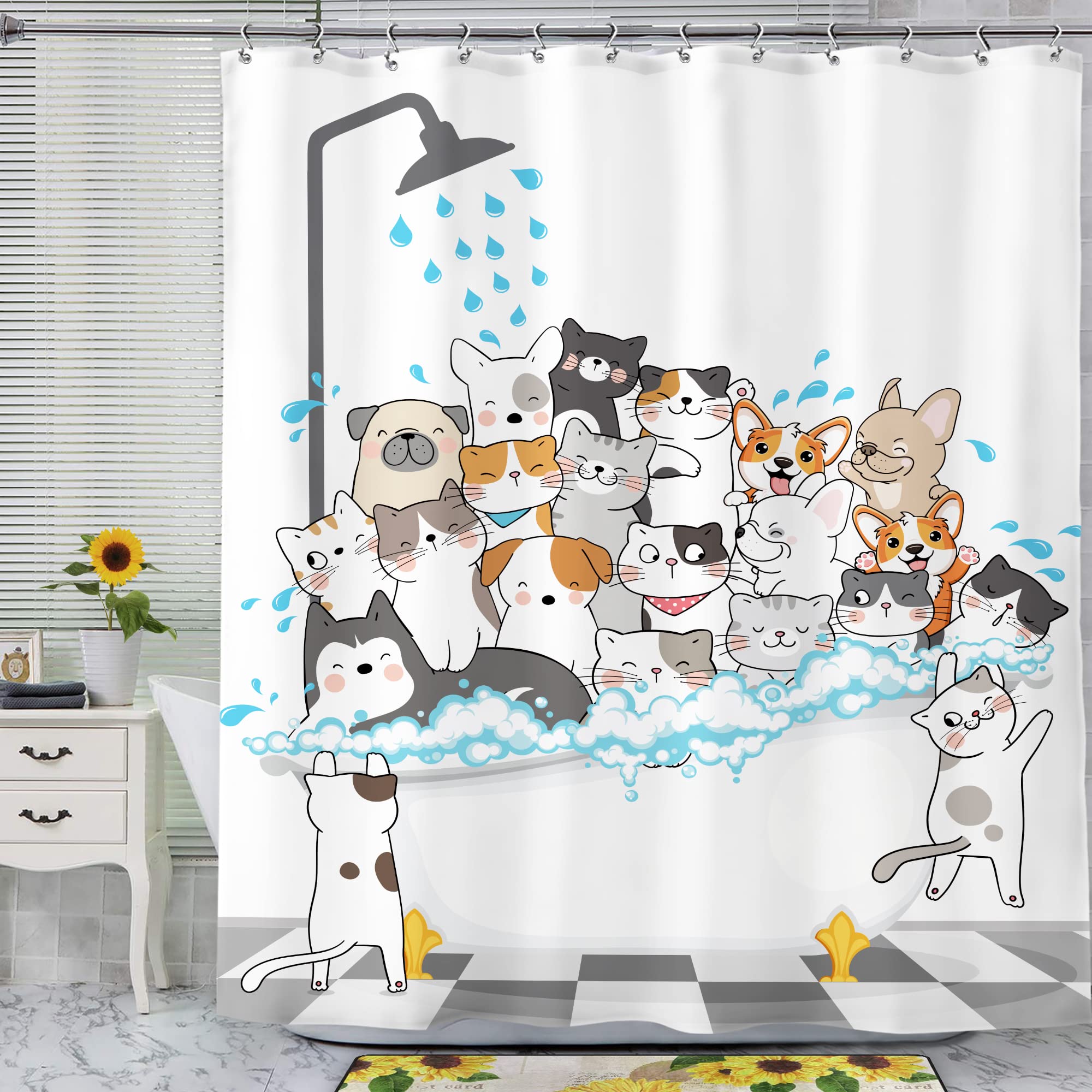 SVBright Funny Cats and Dogs Shower Curtain 60Wx72L Inch Kids Cartoon Cute Pets Animal Bathtub Raining Playing Showering Lovely Boys 12 Pack Hooks Polyester Waterproof Fabric Bathroom Bathtub Panels