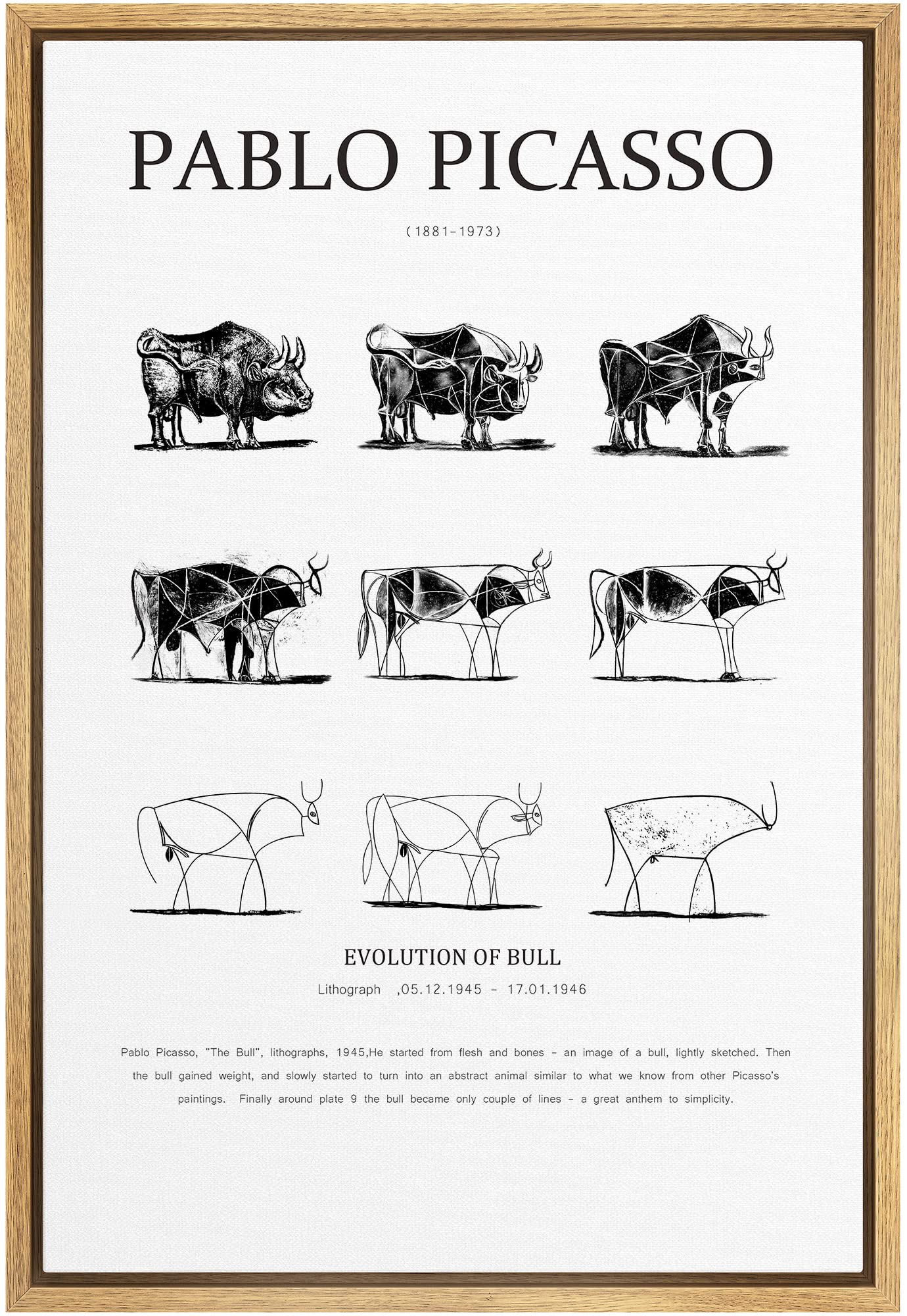 Signleader Framed Canvas Print Wall Art Pablo Picasso Evolution Of Bull Animals Nature Illustrations Fine Art Rustic Scenic Rela