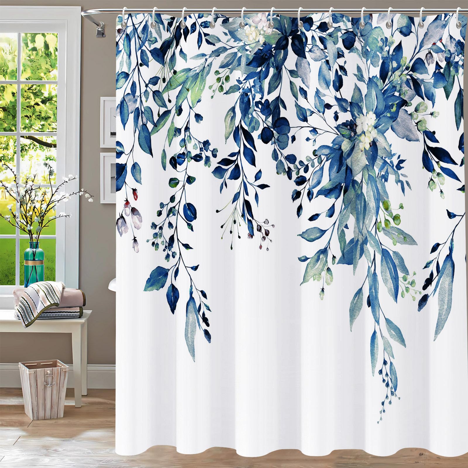 Yiartaan Shower Curtain Blue Eucalyptus Shower Curtains For Bathroom, Watercolor Leaf Shower Curtain Sets Waterproof Plant Showe