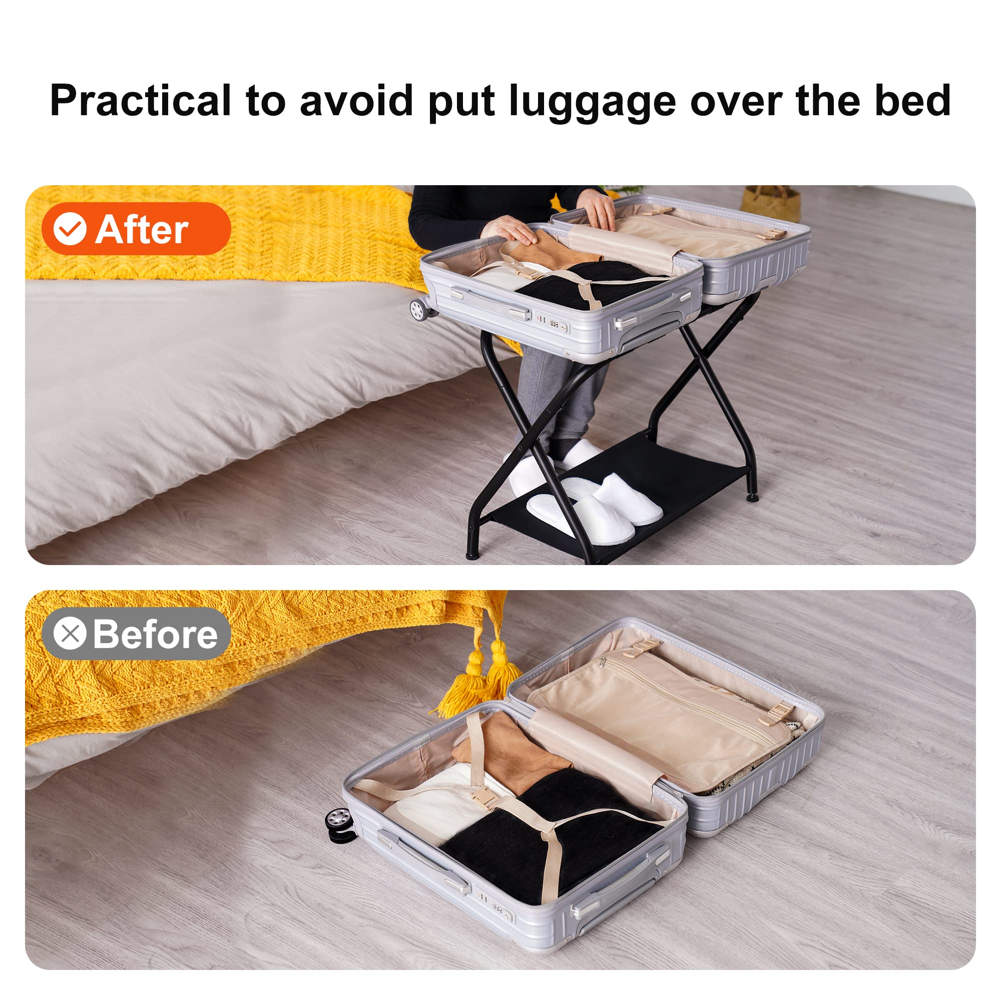 Heybly Luggage Rack Pack of 2 Steel Folding Suitcase Stand with Storage Shelf for Guest Room Bedroom Hotel Black HLR002B2