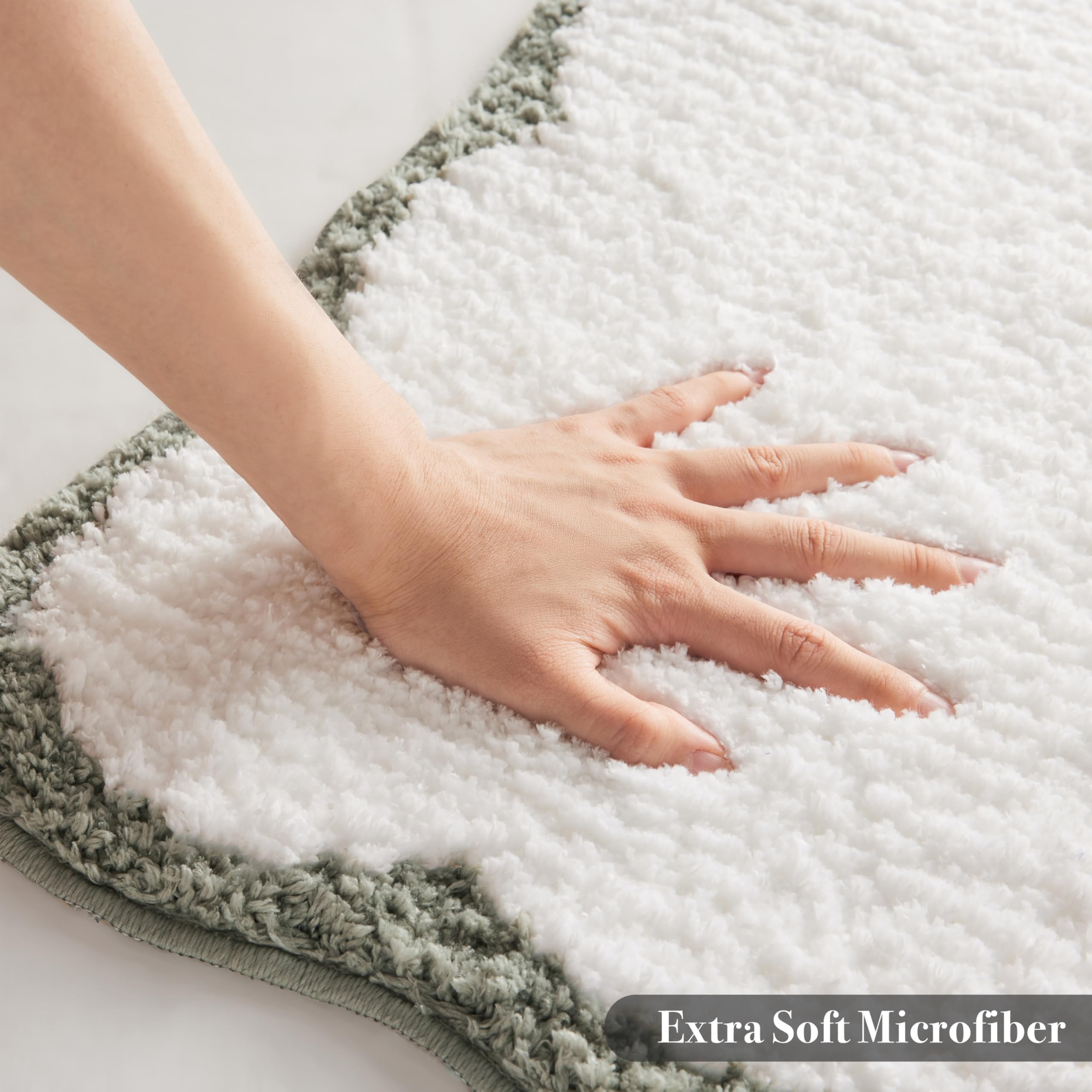 Ohocut Luxury Microfiber Bathroom Rugs, White Bath Rug With Oliver Green Scalloped Piping Cute Aesthetic Sage Bath Mat For Bathr
