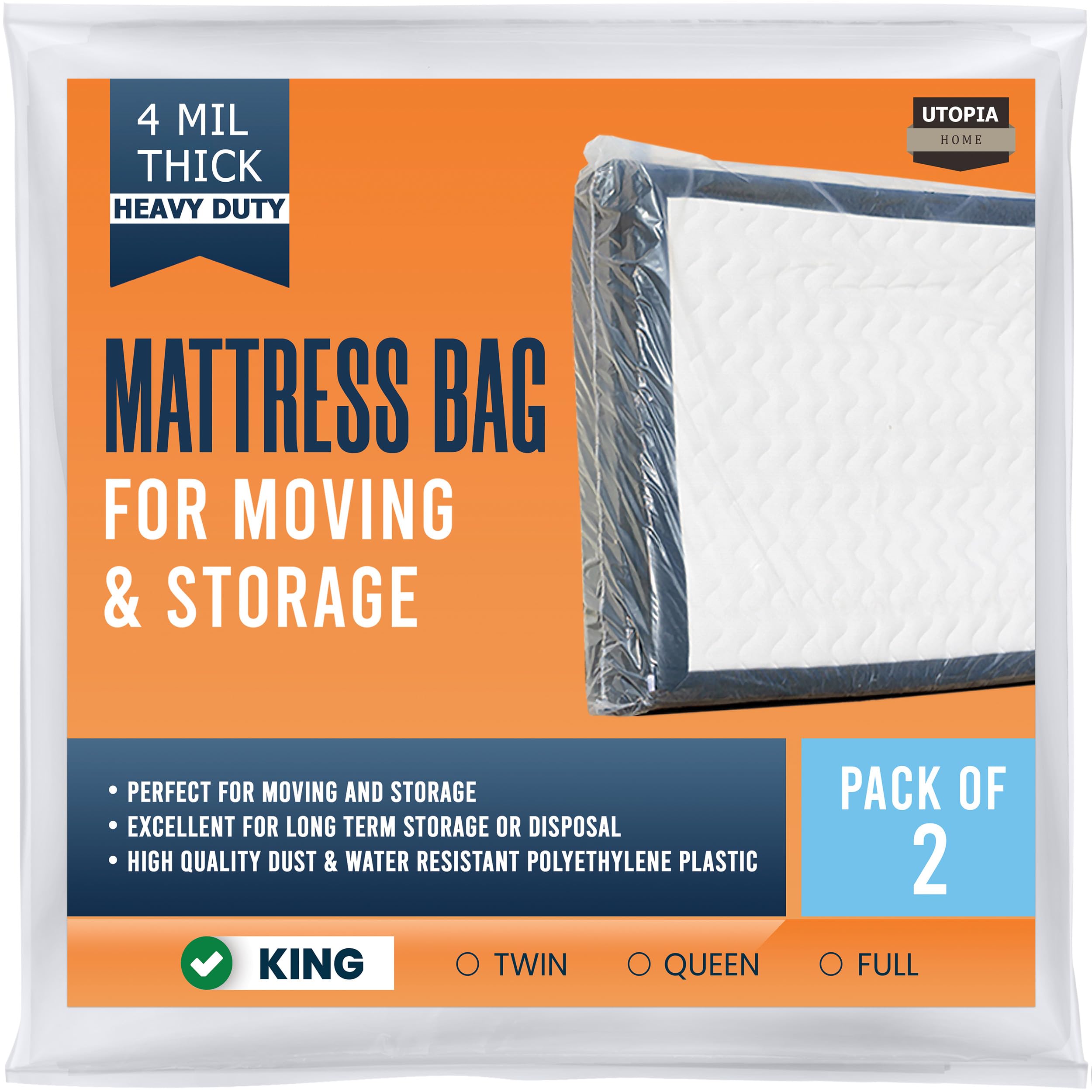 Utopia Home Mattress Bag For Moving King Size (Pack Of 2), 4 Mil Thick Mattress Storage Bag, Plastic Mattress Cover, Fits Mattre