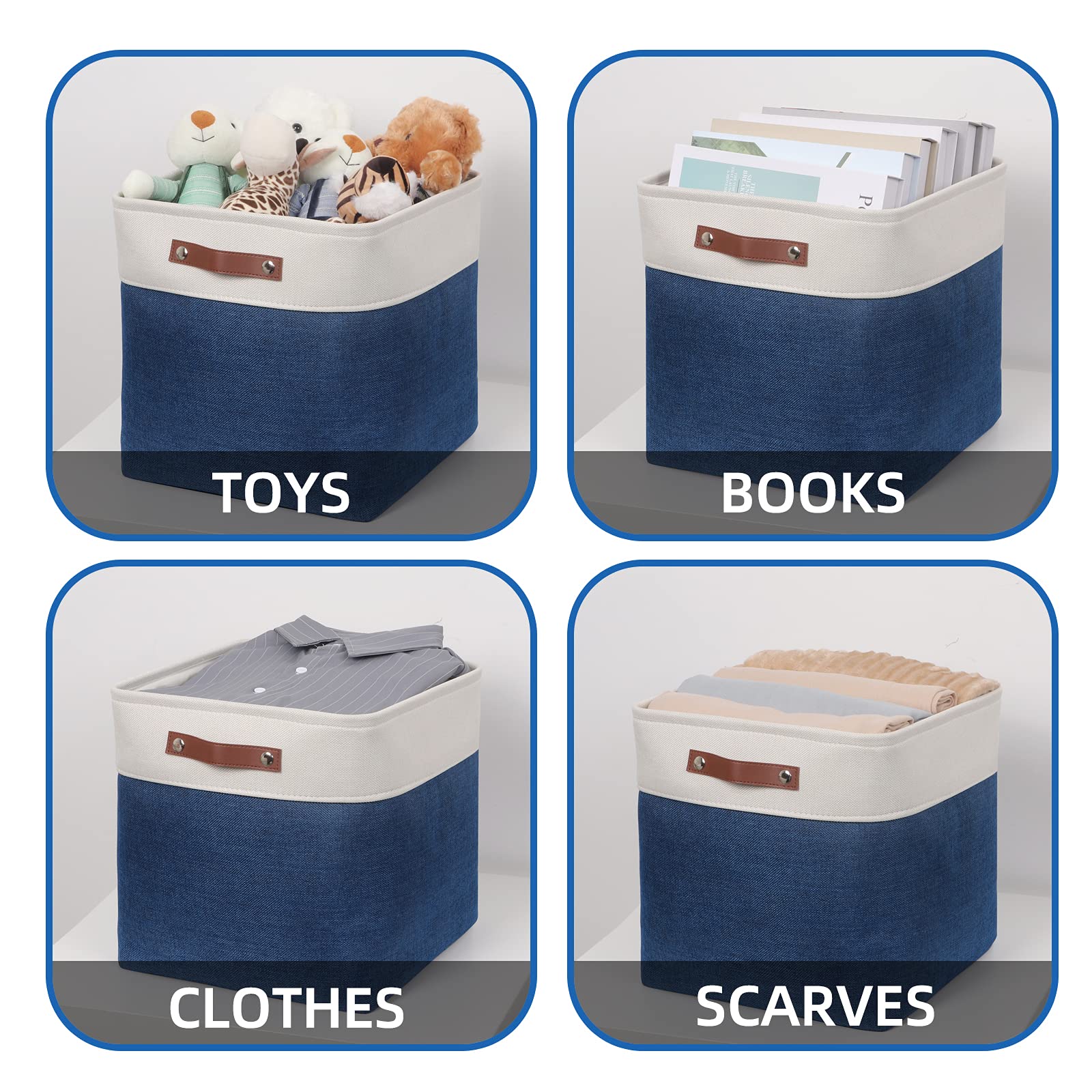 Temary Blue Storage Baskets for Shelves 13 Inch Cube Storage Bins 4Pack Fabric Cubes Basket with Handles for Organizing Shelf Baskets for Home Office Closet (White&Blue)