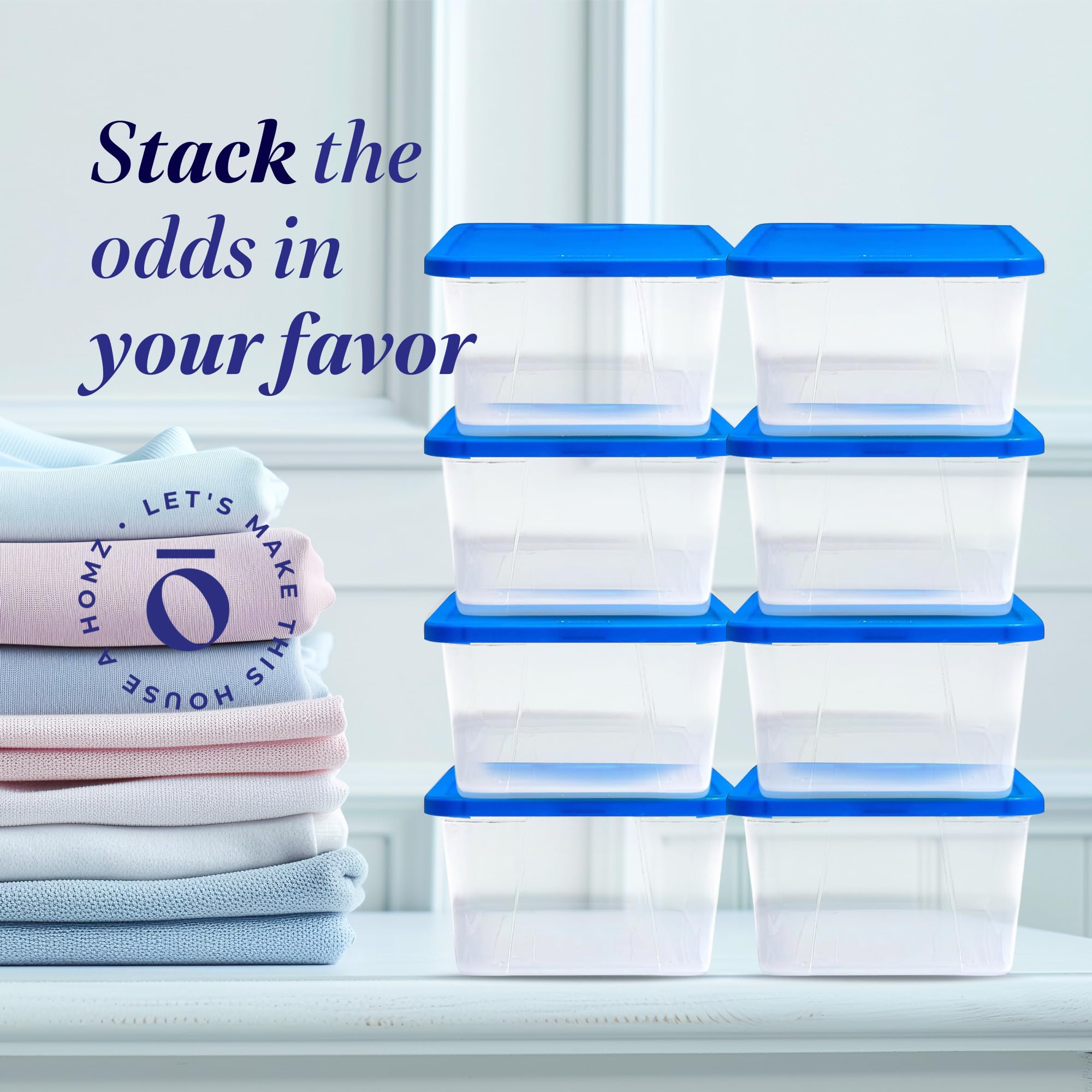 Homz 10 Pack Storage Bins, Clear Plastic Organizing Containers W/Blue Lids, 6 Quart