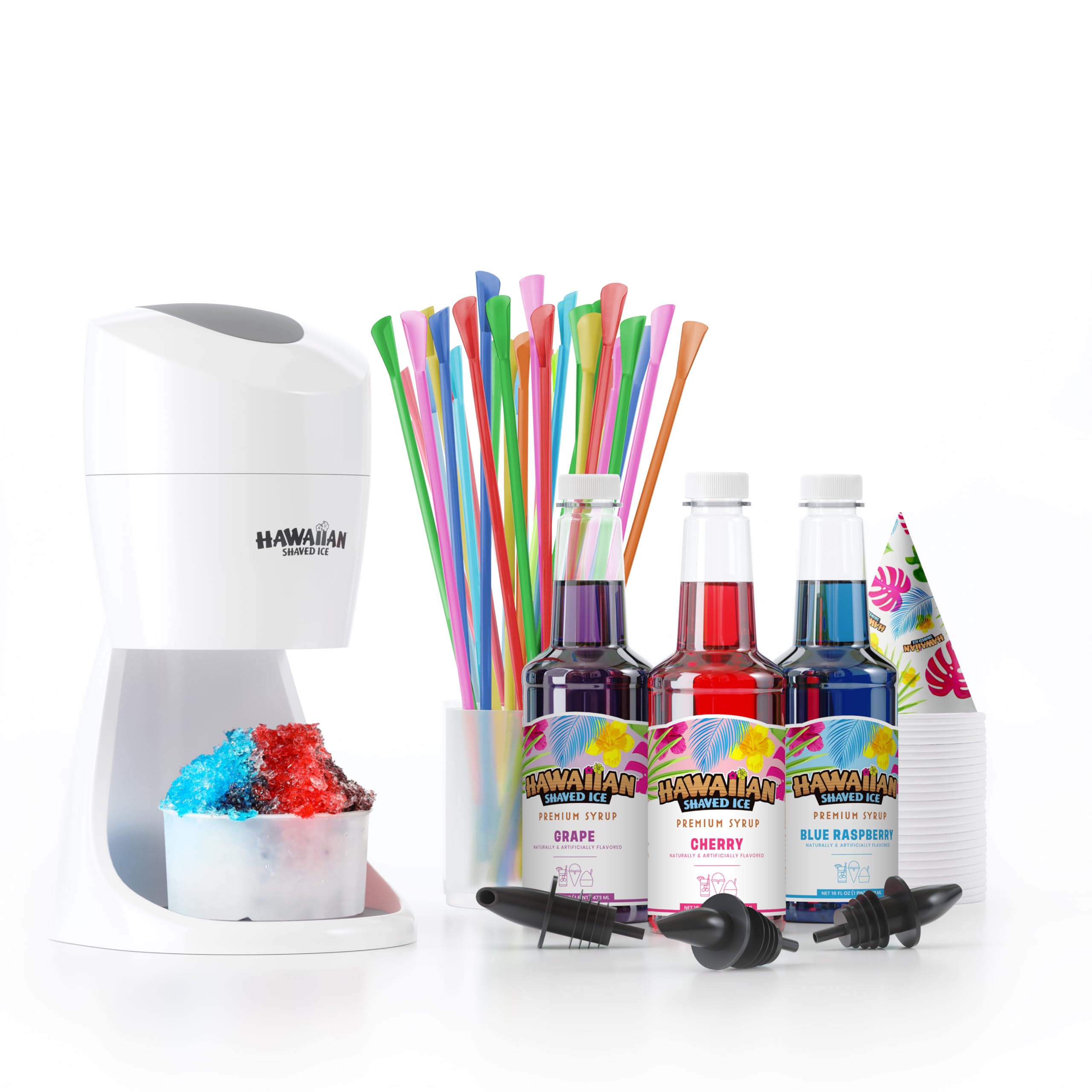 Hawaiian Fluffy Shaved Ice Maker Kit - Home Snow-Like Dessert Machine for Kids with Cherry, Grape, Blue Raspberry Syrups - 25 Cu