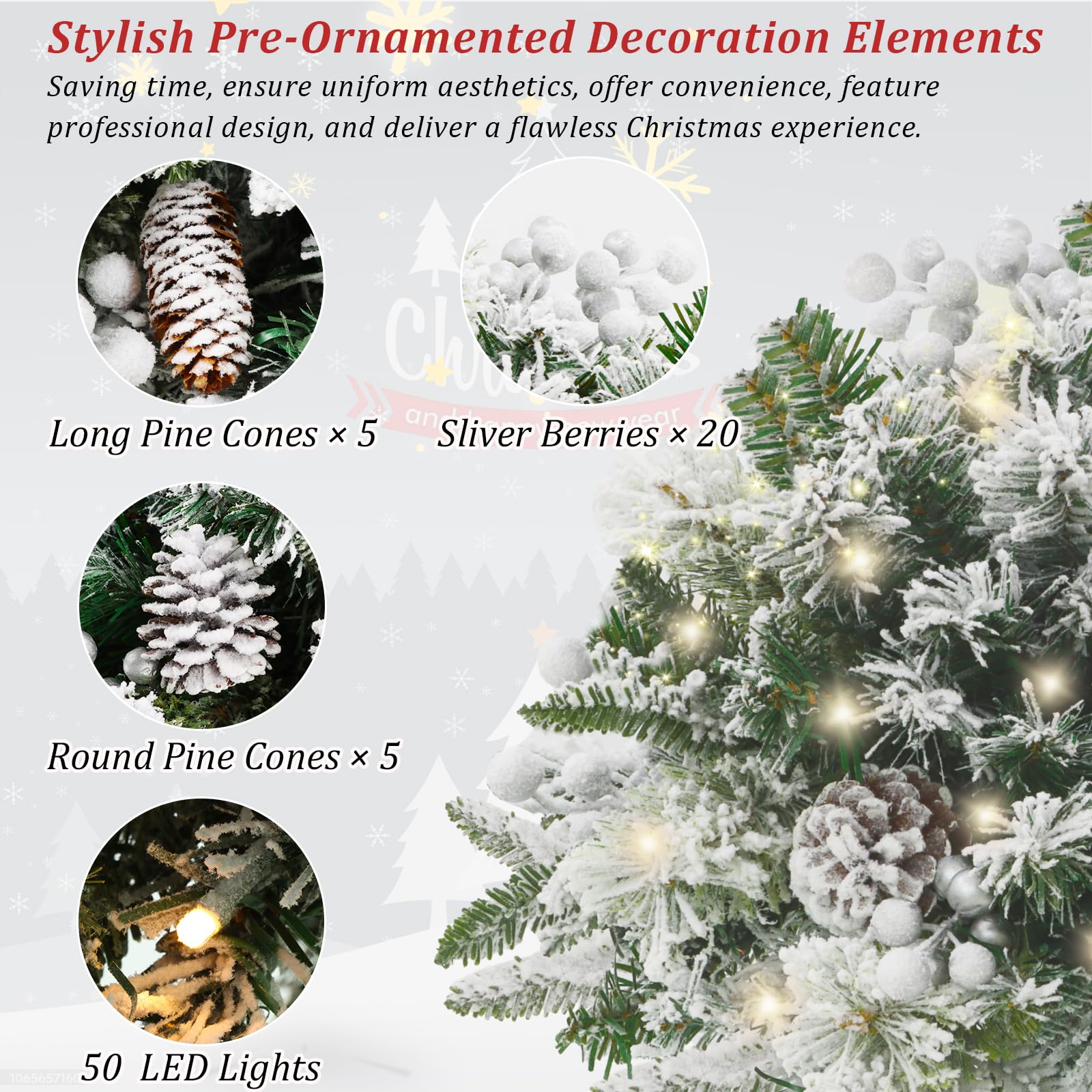 TOWPONICS Set of 2 Flocked Outdoor Christmas Trees Planter Filler, 18in Artificial Lighted Xmas Tree for Front Porch Yard Garden
