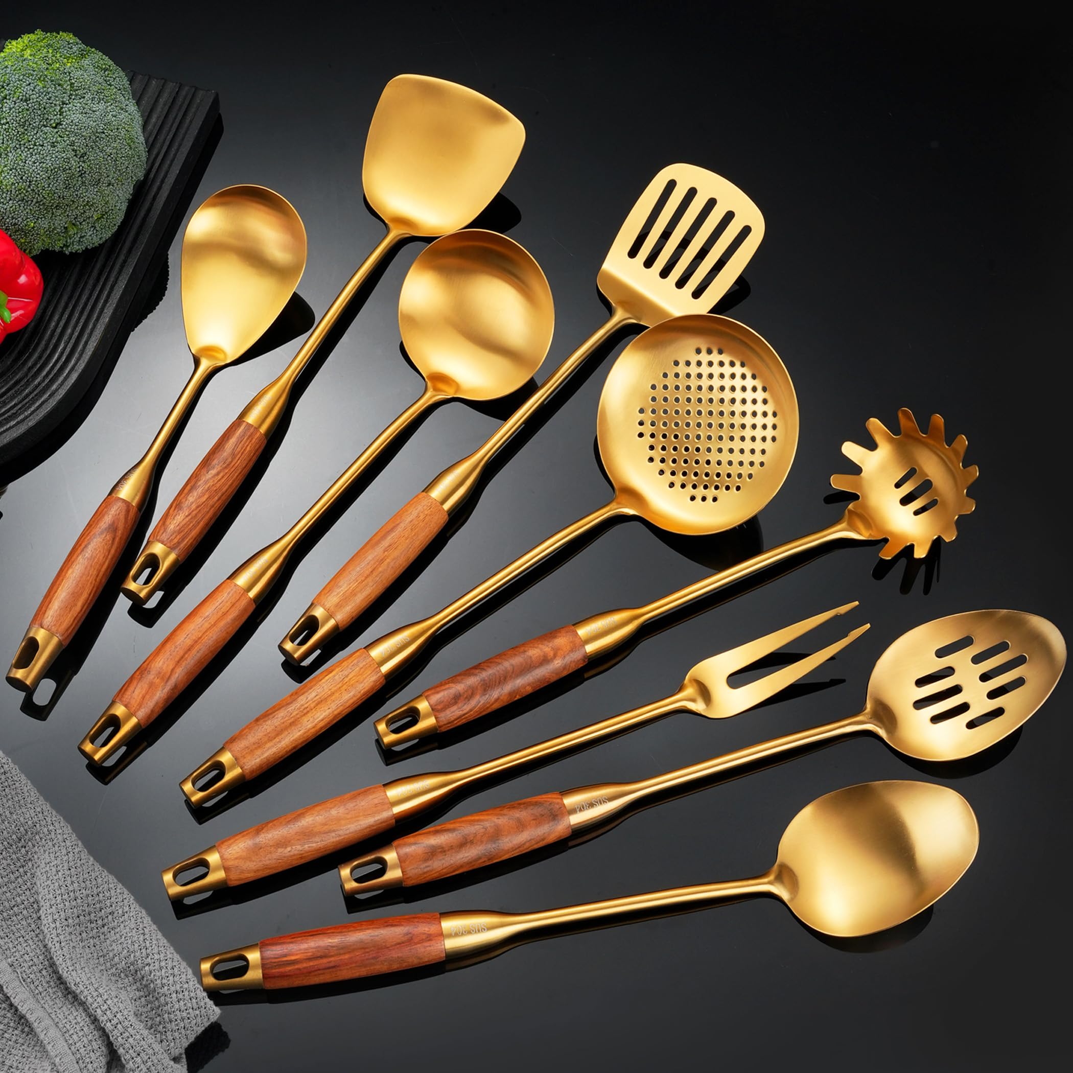 Niitawh Gold Kitchen Utensils Set, 9 Pcs 304 Stainless Steel Cooking Tools Wood Handle, Solid Spoon, Slotted Spoon, Fork, Spatul