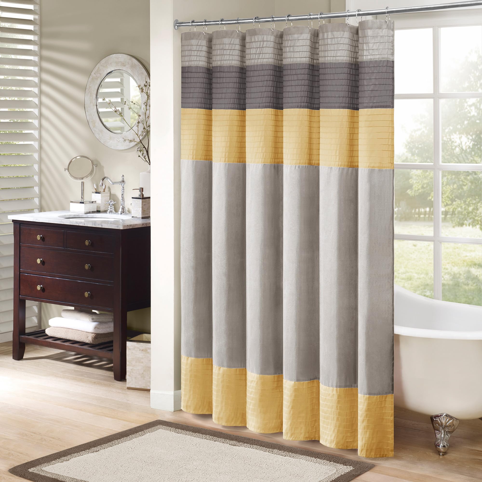 Madison Park Amherst Bathroom Shower Curtain Faux Silk Pieced Striped Modern Microfiber Bath Curtains, 72X84 Inches, Yellow