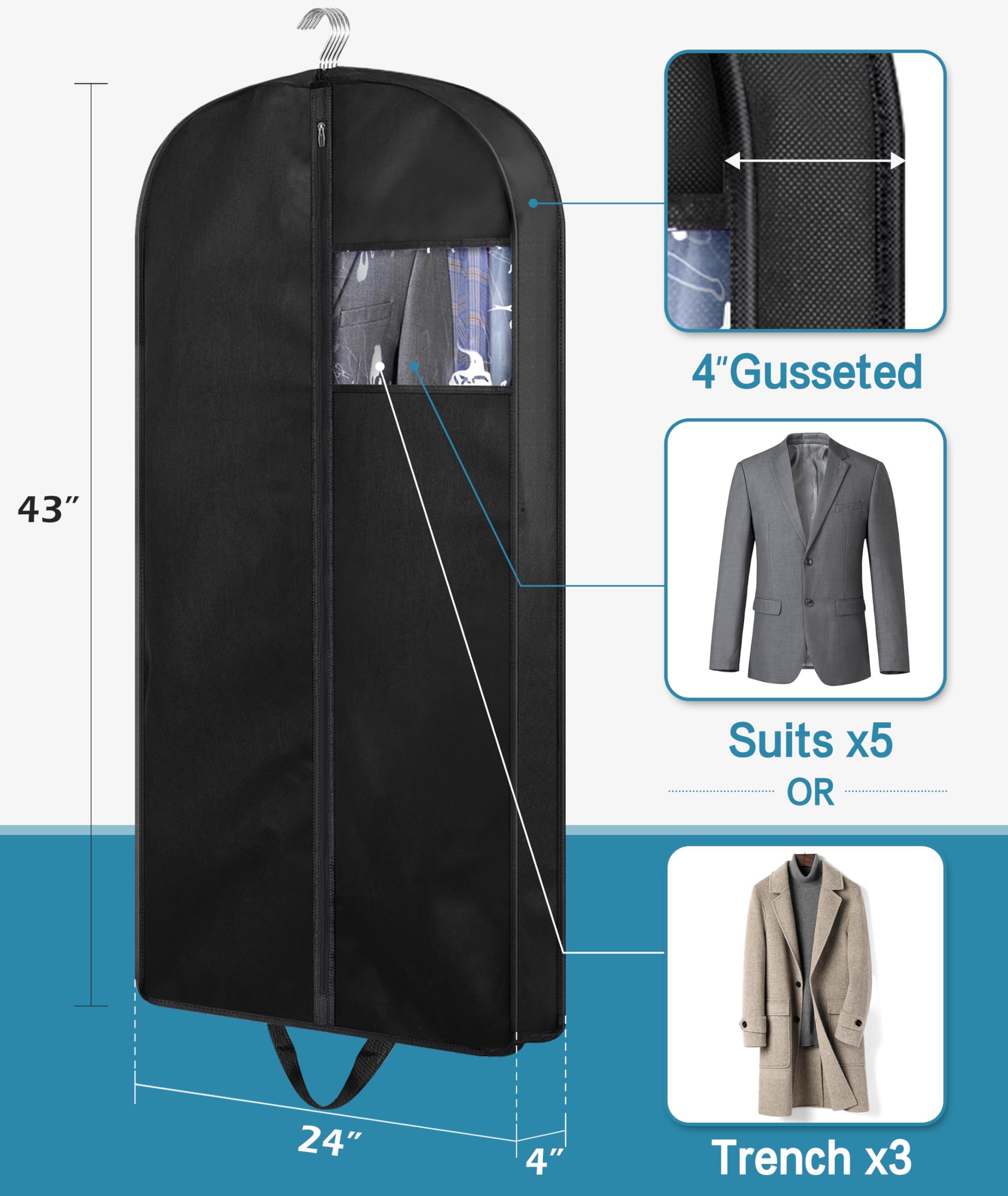 KIMBORA 43'' Suit Bags for Closet Storage and Travel  Gusseted Hanging Garment Bags for Men Suit Cover With Handles for Clothes  Coats  Jackets  Shirts(3 Packs)