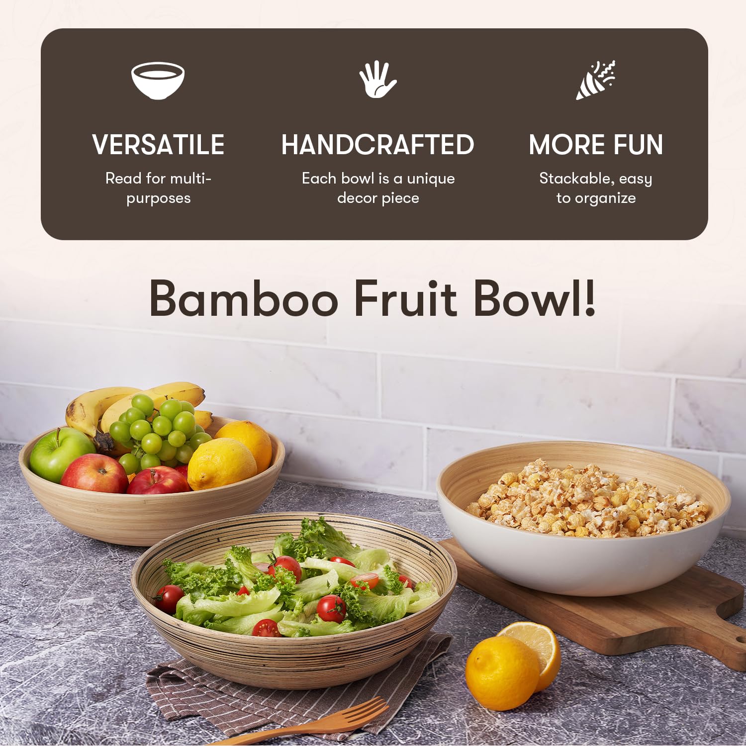 Lexa 12'' Handmade White Bamboo Wooden Salad Bowl - 130Oz Lightweight Large Wooden Bowls For Food - Bamboo Wooden Fruit Bowl For