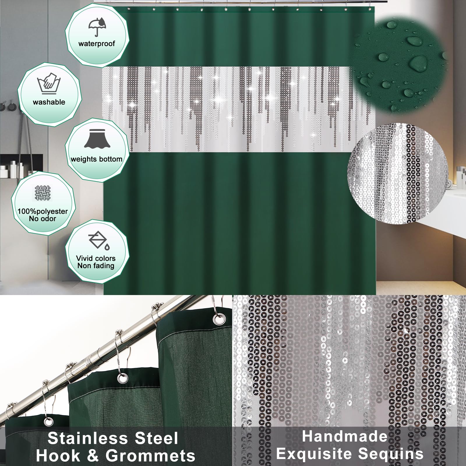 Xlhomo Dark Green Bathroom Sets With Shower Curtain And Rugs,Bathroom Sets Shower Curtain Set With Extra Soft And Absorbent Bath