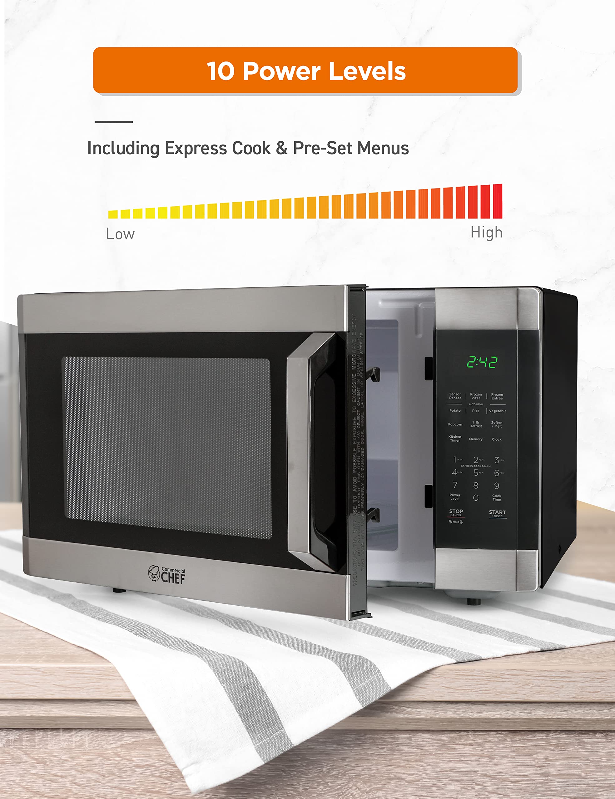 Commercial Chef 1.6 Cubic Foot Microwave With 10 Power Levels, Small Microwave With Pull Handle Child Safety Lock, 1100 Watt Mic