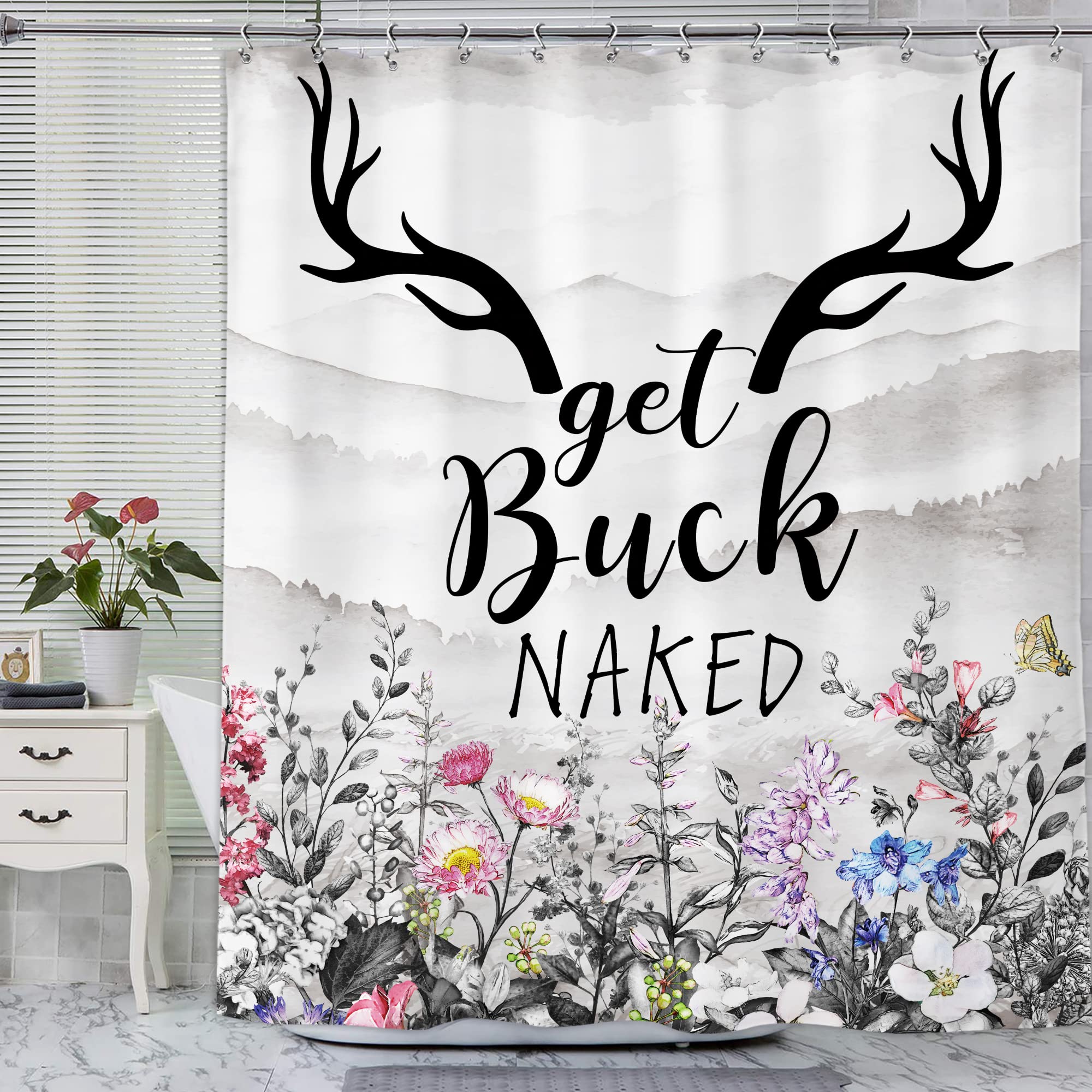 Svbright Get Buck Naked Shower Curtain 60Wx72L Inch Funny Farmhouse Country Rustic Floral Western Grey Mountain Cute Quotes Plan