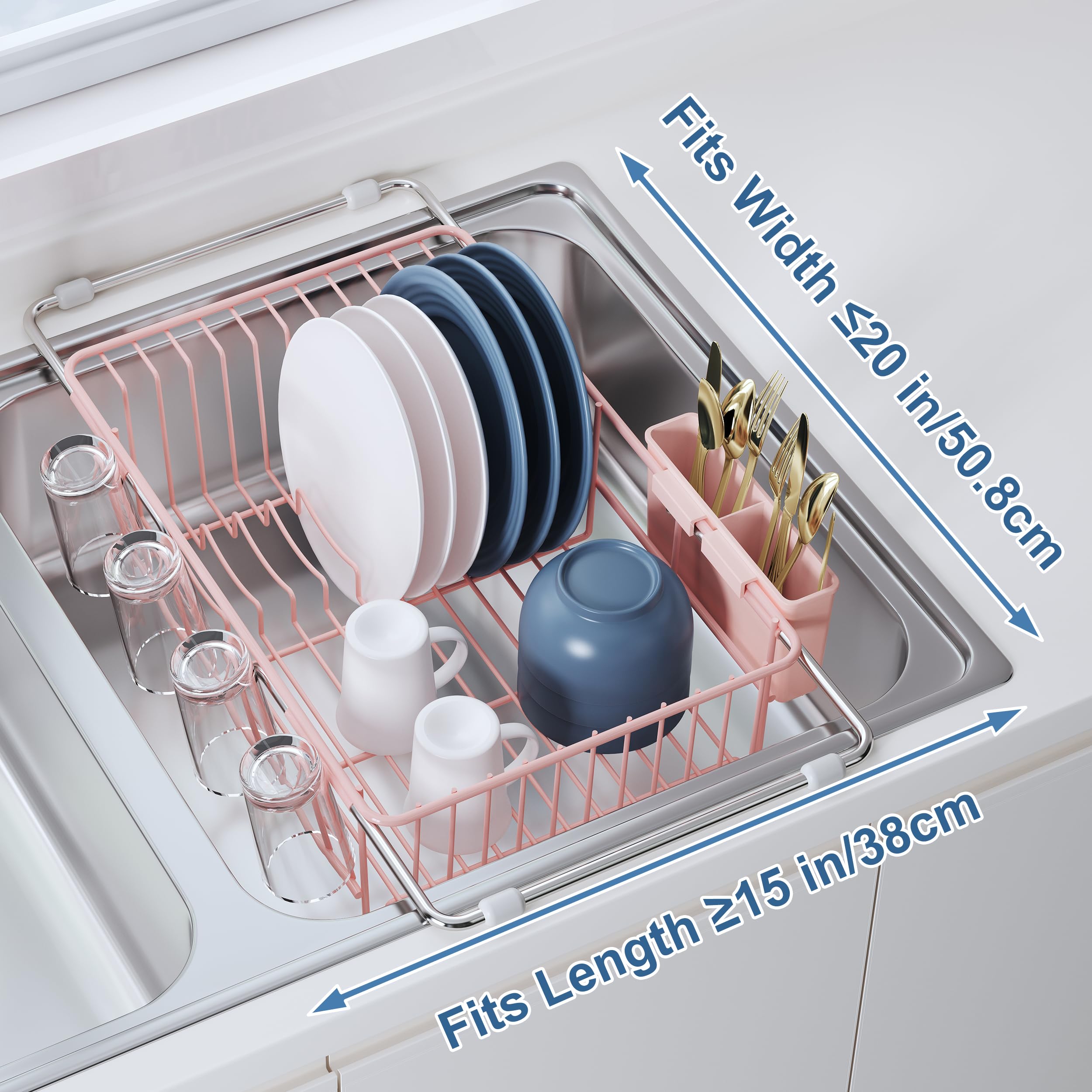 Over the Sink Expandable Dish Drainer Drying Rack In Stainless Steel for Small Kitchen, Counter Space Saving Compact Metal Above