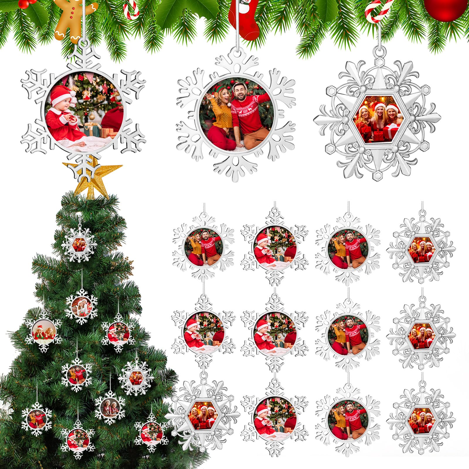 Soaoo 12 Pcs 2025 Metal Christmas Photo Frame Ornament Bulk Silver Snowflake Tree Picture Frame Ornament Double-Sided for Christ
