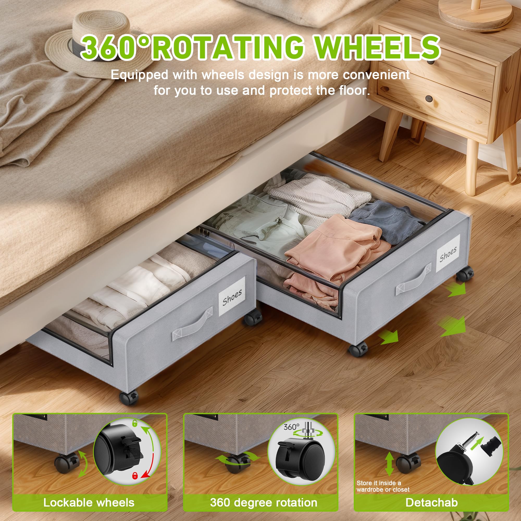 YAASHEEN Under Bed Storage with Wheels, 2Pack Under Bed Storage Containers,Under Bed Shoe Storage Organizer with Clear Window&La