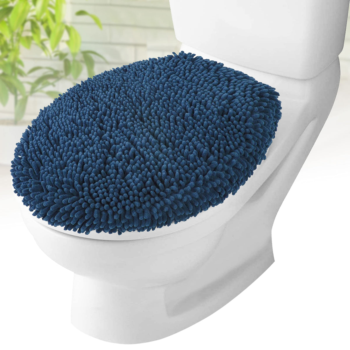 Mayshine Plush Shaggy Standard Toilet Seat Lid Cover (Dark Blue) | Fuzzy Chenille Microfiber, Fluffy Soft Absorbent - Machine Wa