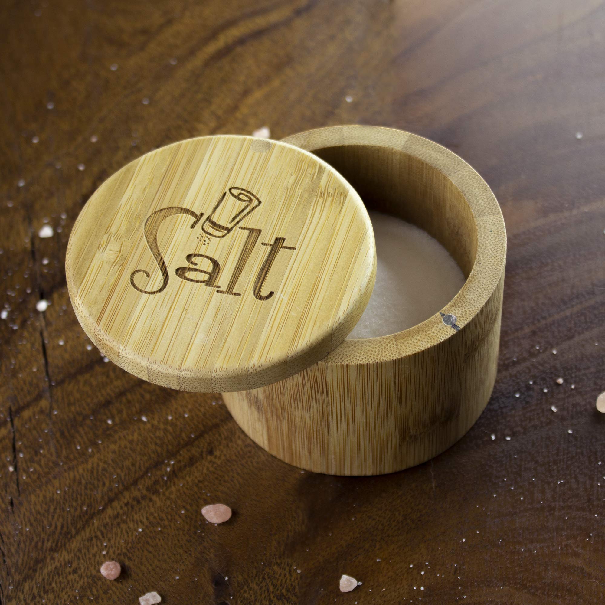 Totally Bamboo Salt Cellar Bamboo Storage Box With Magnetic Swivel Lid, 6 Ounce Capacity, Salt Engraved On Lid