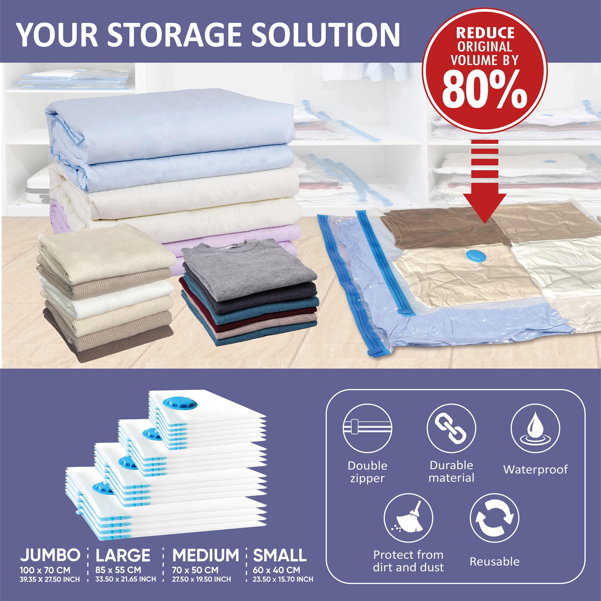 18 Space Saver Vacuum Storage Bags  Vacuum Sealed Storage Bags (4 Jumbo/4 Large/4 Medium/6 Small) with Hand Pump  Vacuum Seal Bags for Clothing  Comforters  Pillows  Towel  Blanket Storage  Bedding