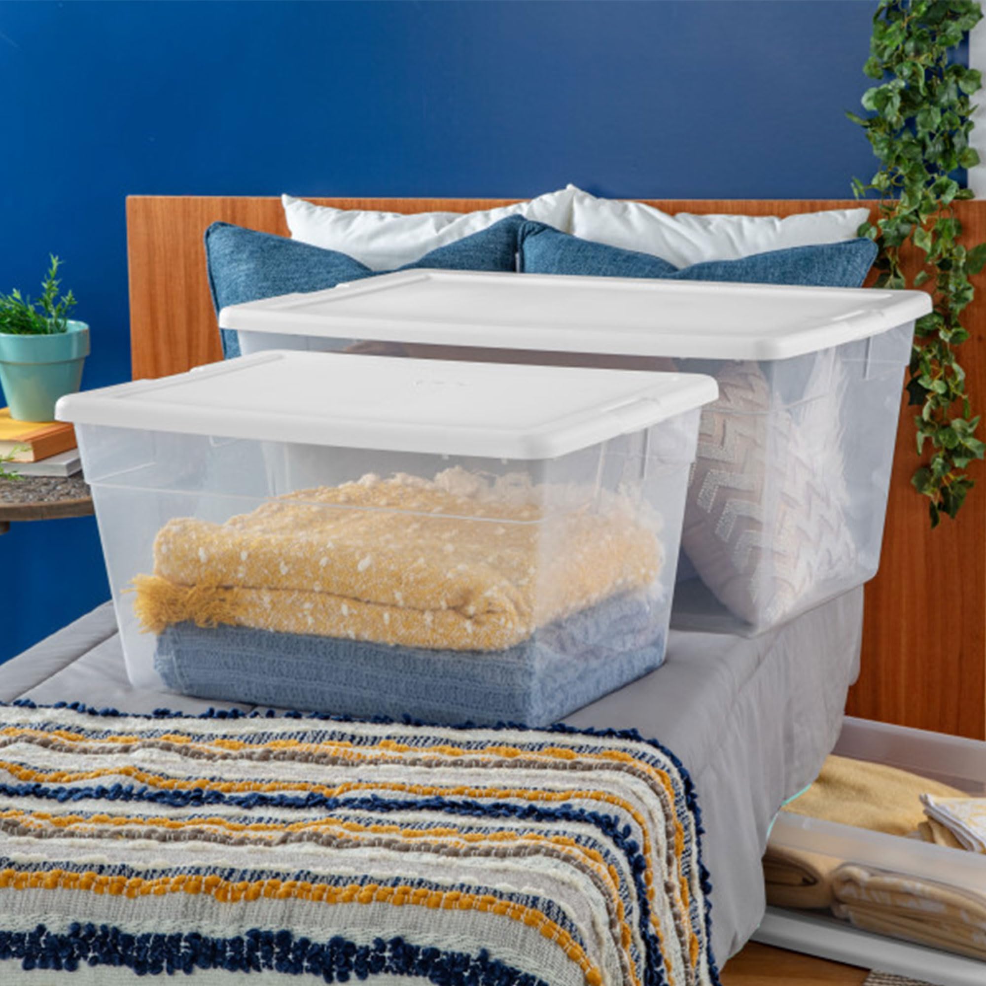 Sterilite 16598008 56 Quart Durable Heavy Duty Plastic Stackable Storage Container Boxes With Recessed Latching Lids, Clear (24
