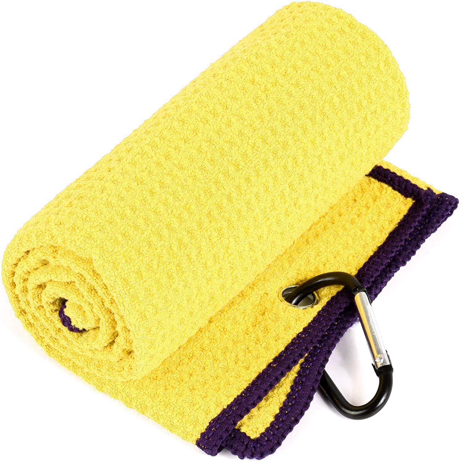 Vividly 2 Pack Tri-Fold Golf Towels, Premium Microfiber Fabric Waffle Pattern With Black Heavy Duty Carabiner Clip, Yellow Golf