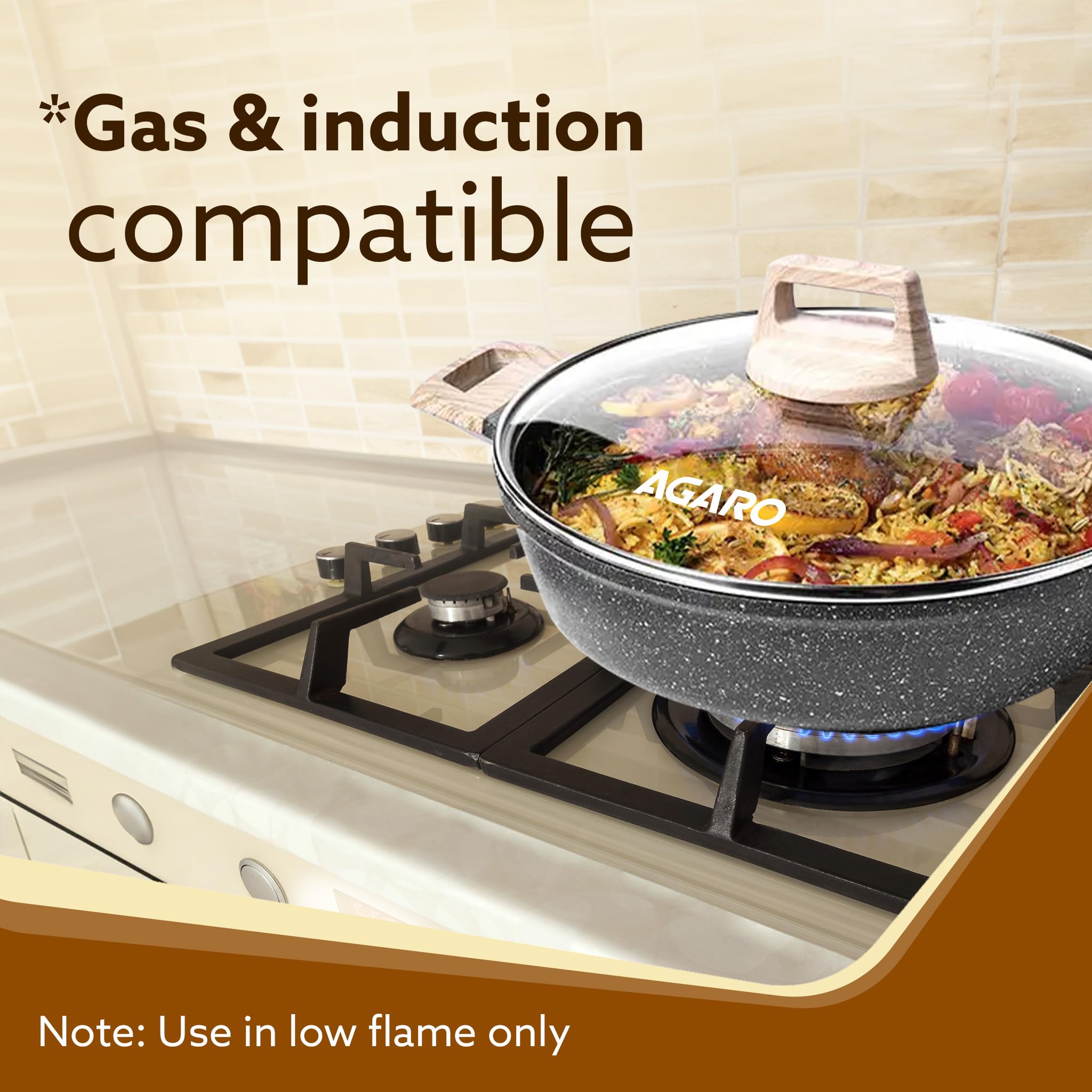 AGARO Imperial Granite Non Stick Kadai with Glass Lid, 3.8L / 28cm, Deep Frying Pan, Biryani Pot, Cast Aluminium Body, Gas & Ind