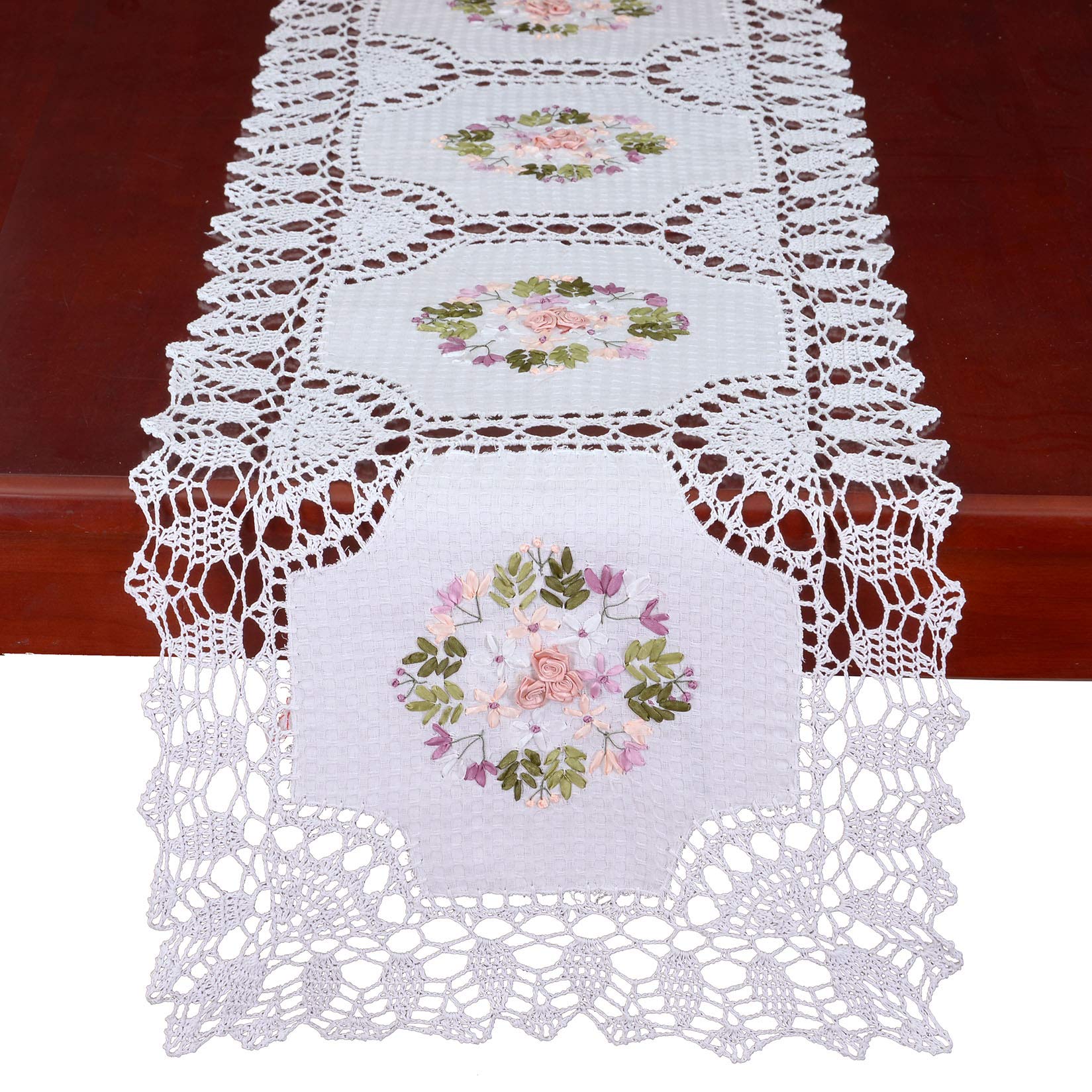Grelucgo Handmade Crochet Cotton Lace Table Runner Dresser Scarf, Ribbon Embroidery (17 X 72 Inches)