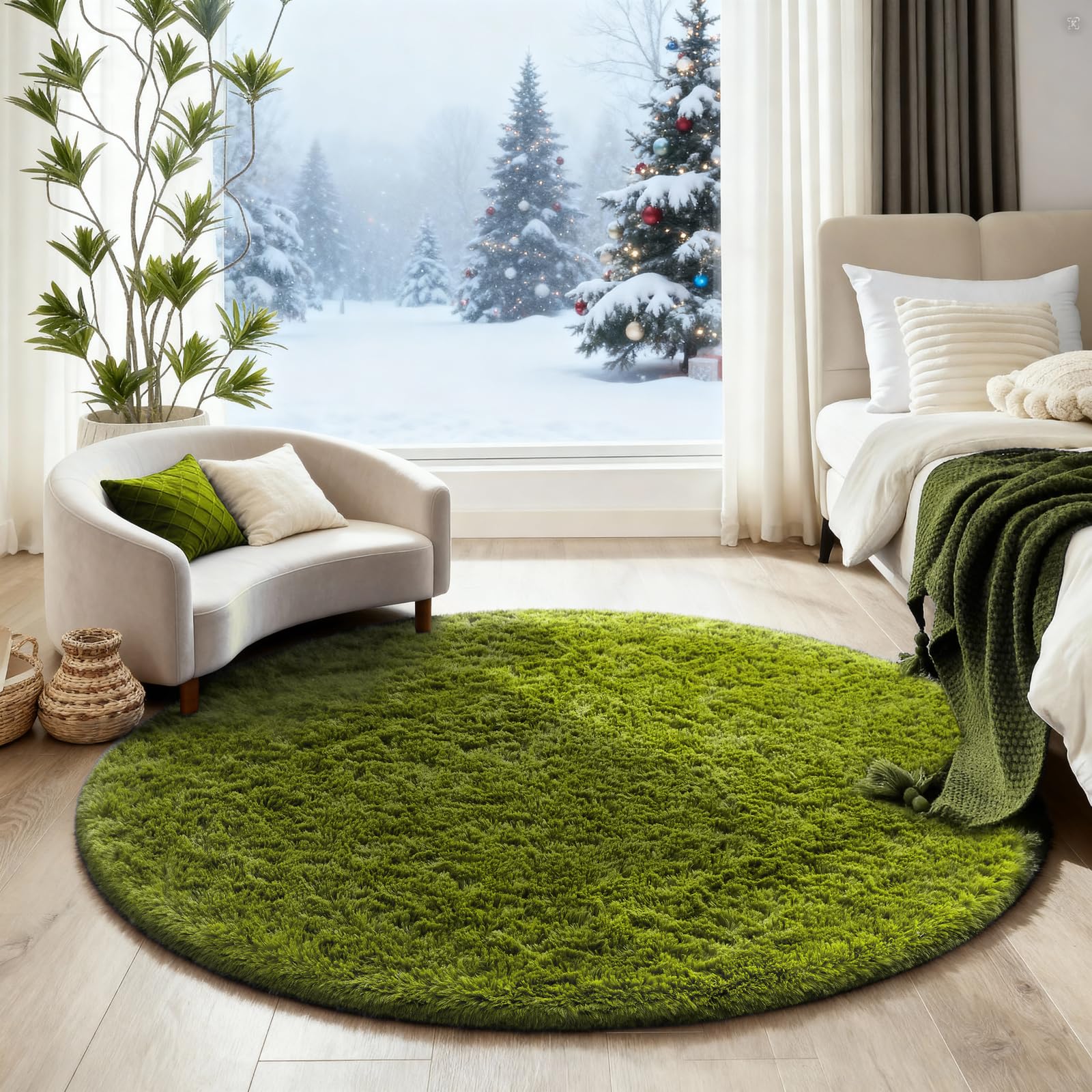 Ophanie Round Rug 4Ft Green Circle Area Rug, Green Room Decor, Fluffy Fuzzy Bedroom Carpet, Plush Soft Shaggy Living Room Rugs f