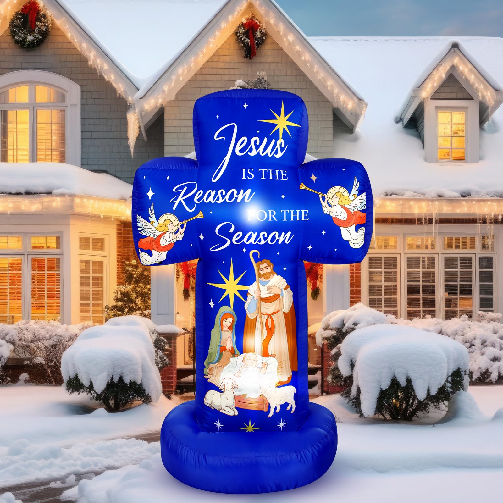 Civaner 6FT Christmas Inflatable Nativity Scene Decoration with Built in LED Lights, Jesus is The Reason for The Season Christma