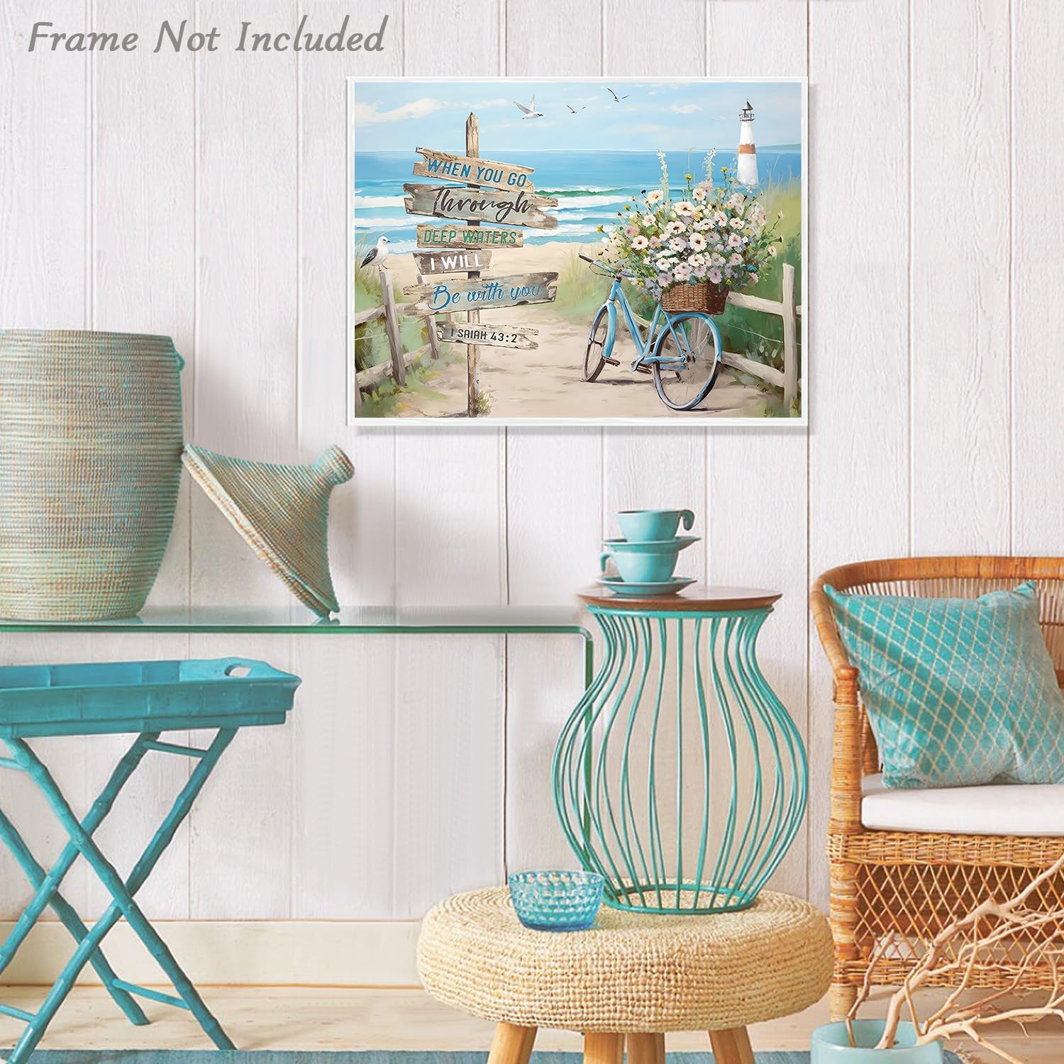 Beach Canvas Wall Art For Bathroom Coastal Bicycle Wall Art Ocean Seascape Wall Decor Teal Aqua Blue Calm Shoreside For Bedroom