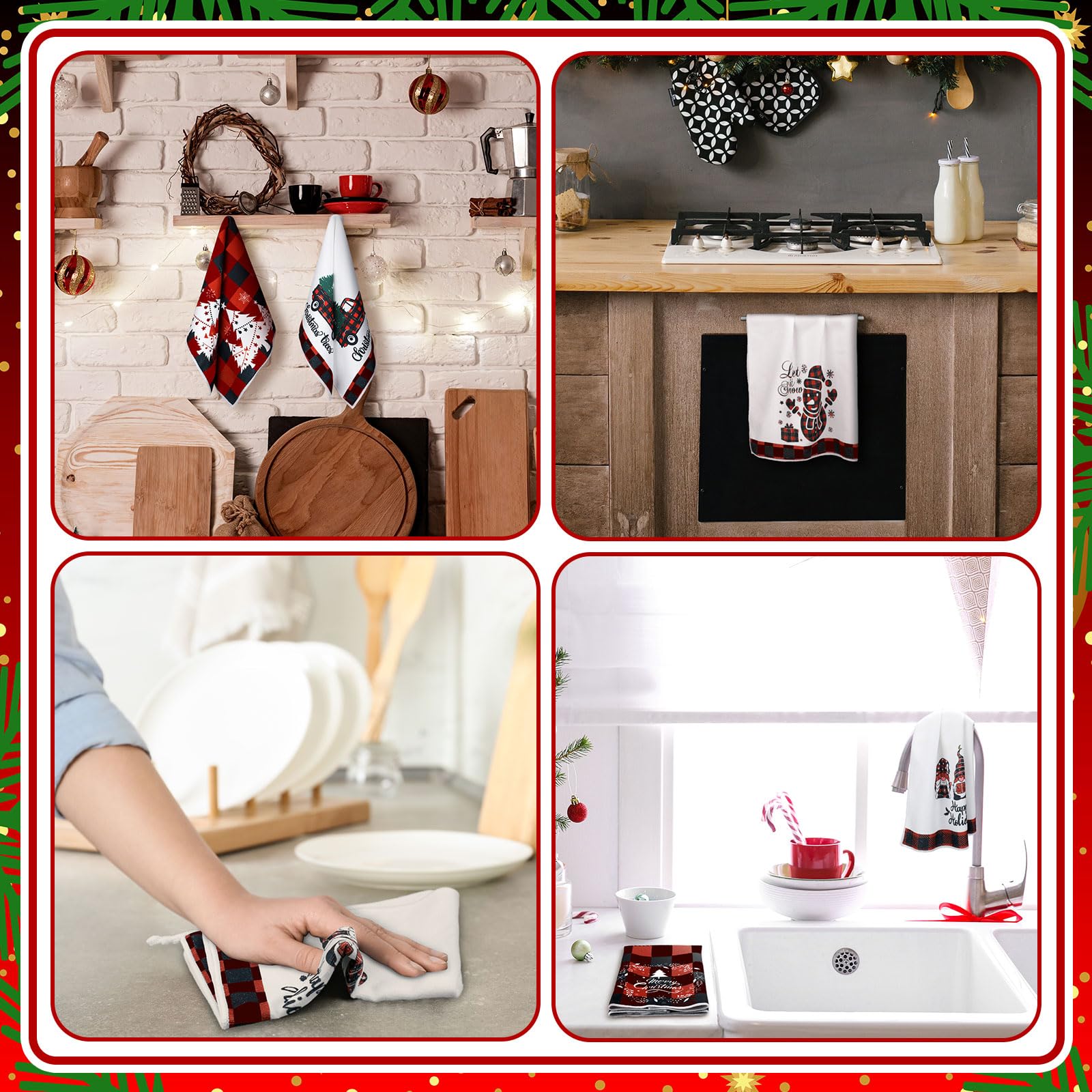 Sratte 6 Pcs Christmas Kitchen Towels Red Black Buffalo Plaid Tea Dishtowels Absorbent Winter Gnome Truck Snowman Bathroom Hand
