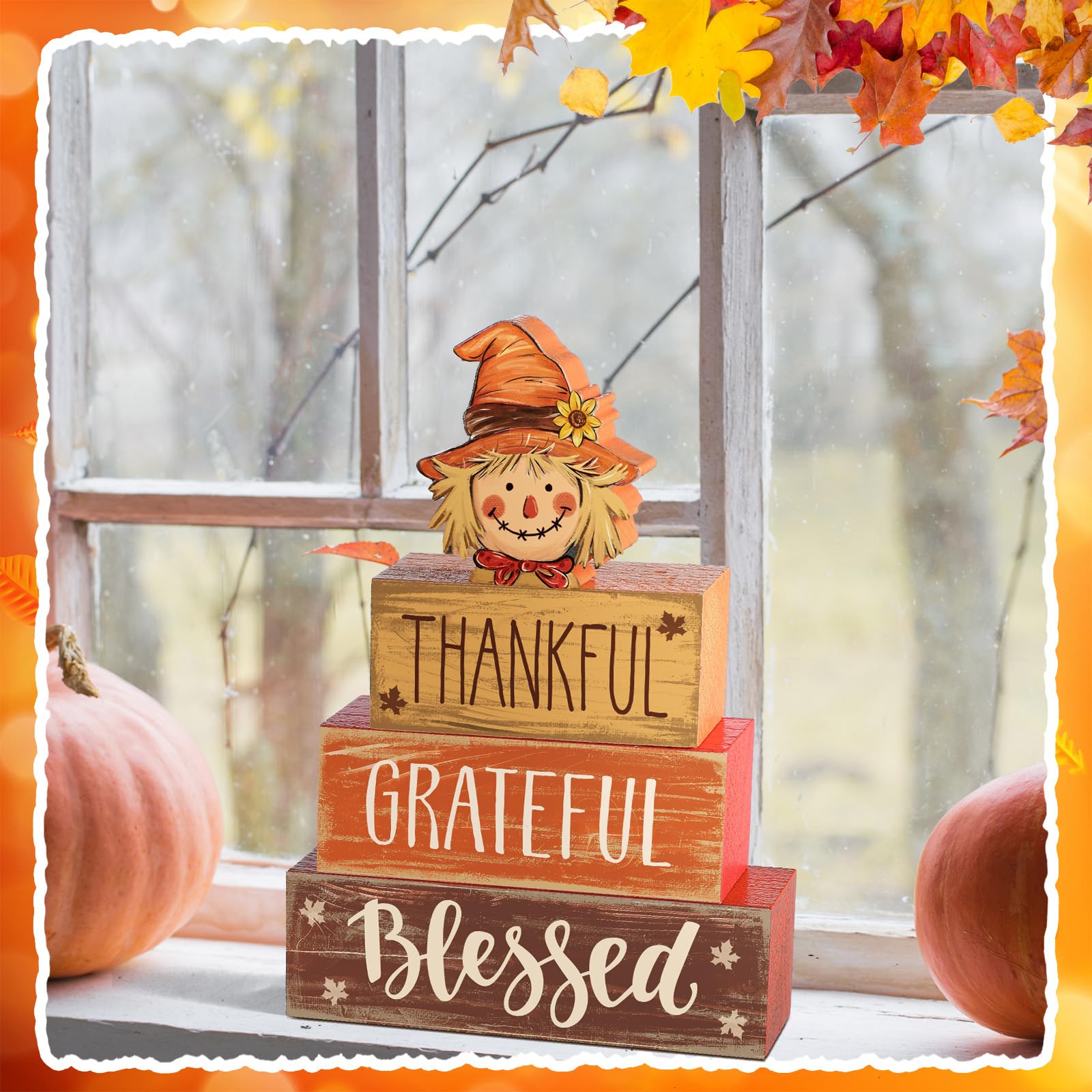 4 Pcs Thanksgiving Fall Decor for Home Scarecrow Sunflower Wooden Sign with Sayings Fall Scarecrow Tiered Tray Decor Blessed Tab