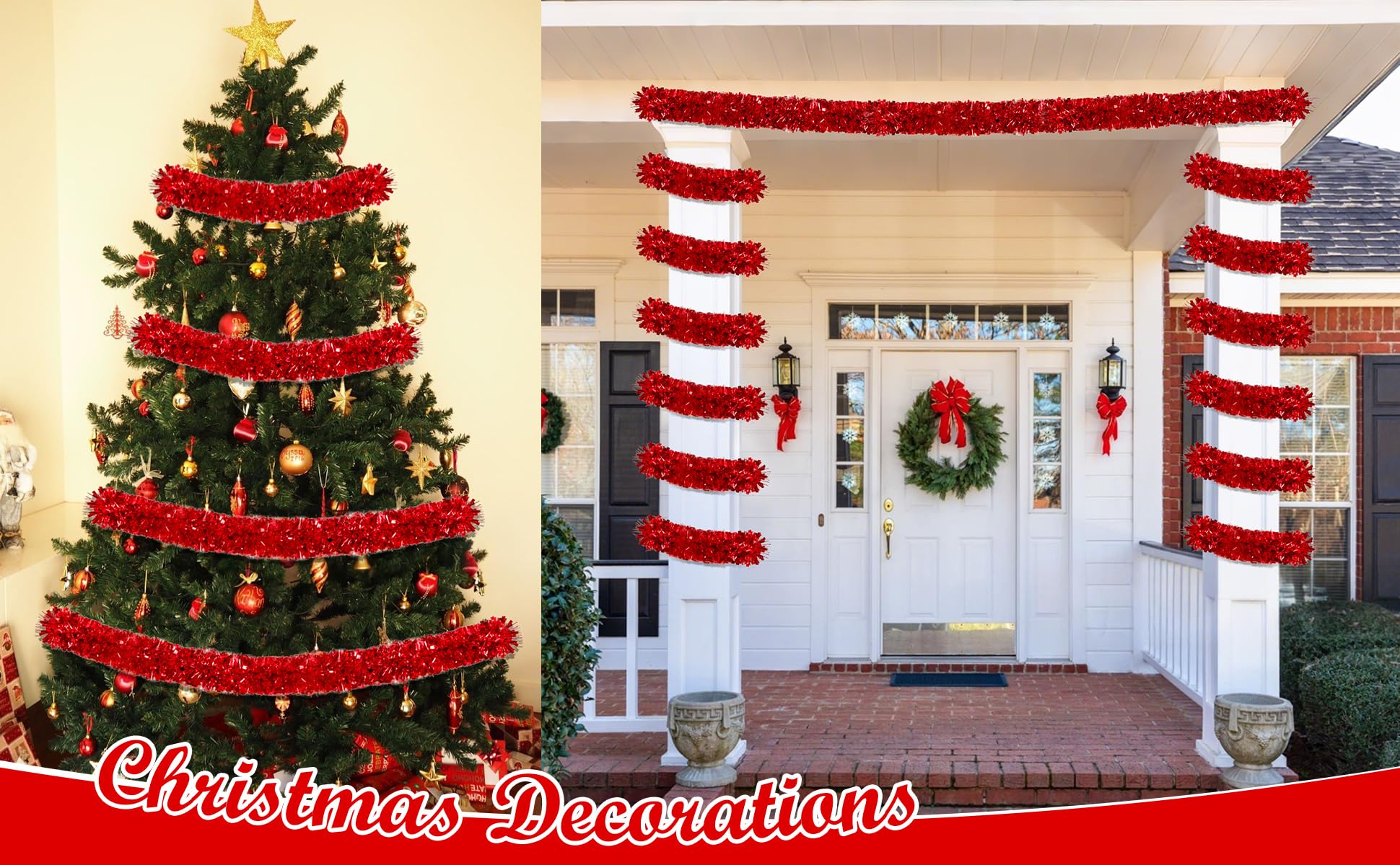 50Ft Red Christmas Garland Decorations,Xams Tinsel Stems Non-Lit Soft Twist Garland Decor for Tree Stairs Railing Front Door Man