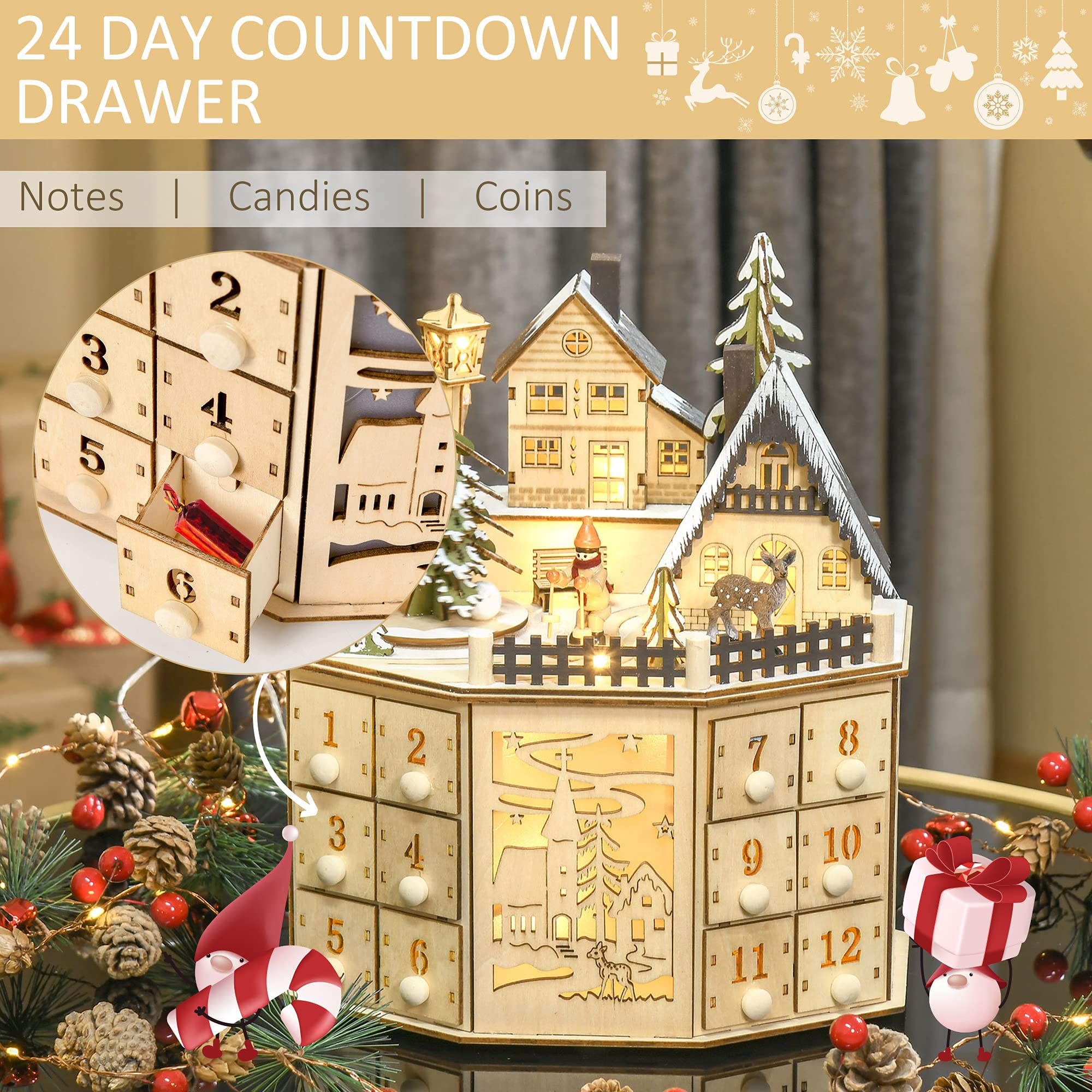 HOMCOM Christmas Advent Calendar, Light Up Table Xmas Wooden Holiday Decoration with Countdown Drawers and Village, for Kids and