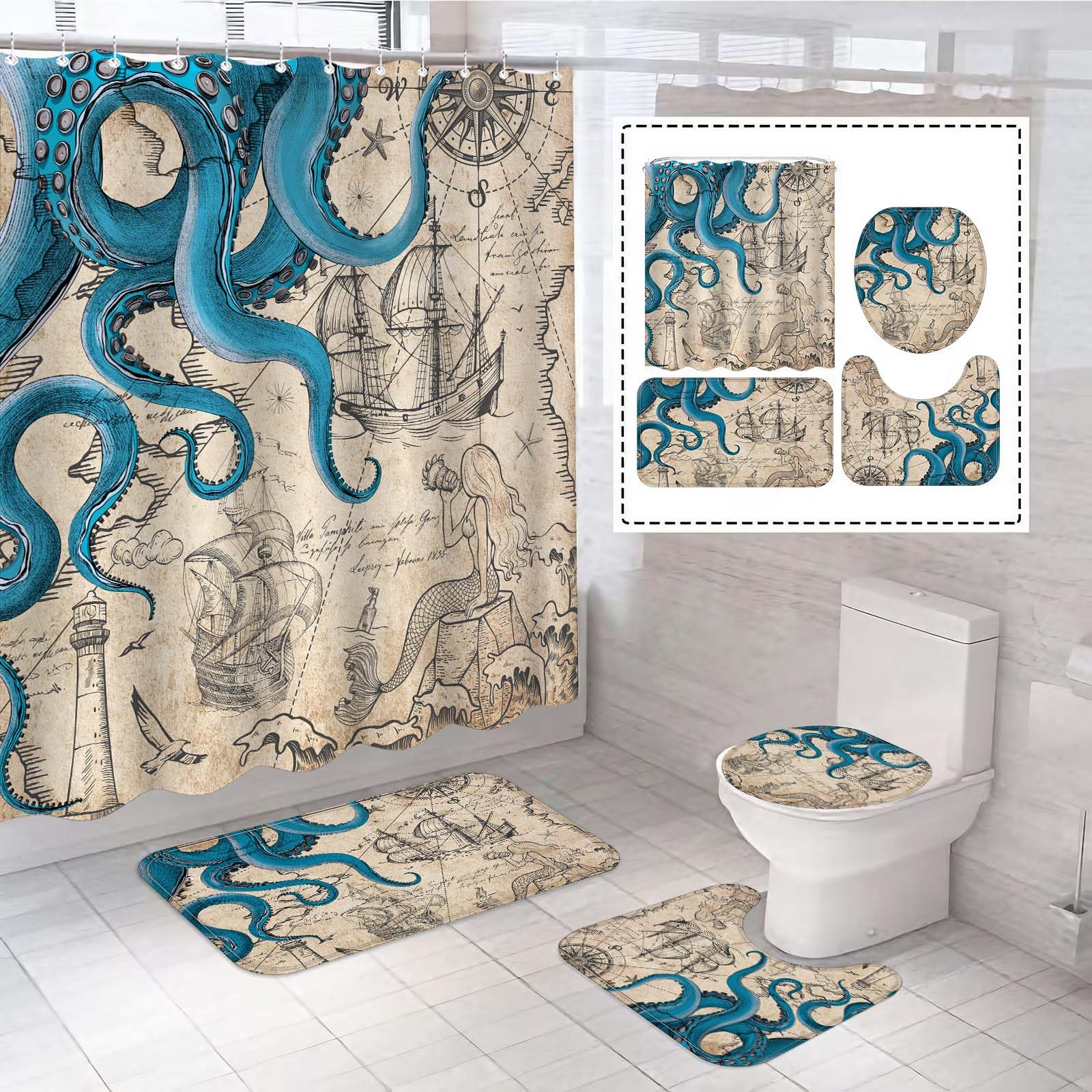 Fungarth 4 Pcs Vintage Nautical Octopus Shower Curtain Set With Rug Retro Coastal Bathroom Sets With Waterproof Shower Curtain A