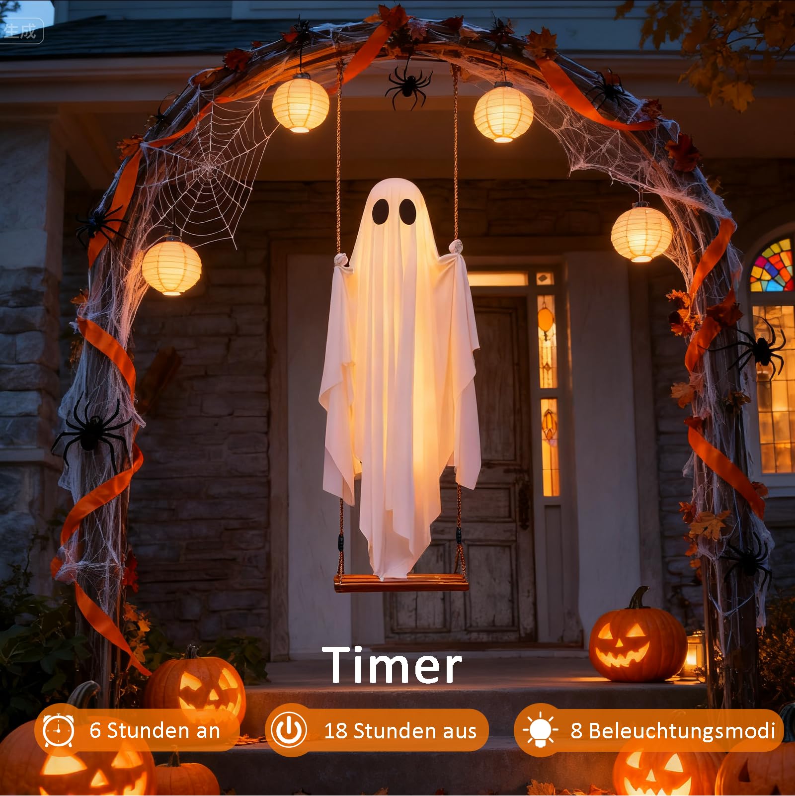 Halloween Decorations Outdoor - 5 Ft Large Hanging Swing Ghost Halloween Decor with String Lights - 3D Lighted Bat Spooky Cute G