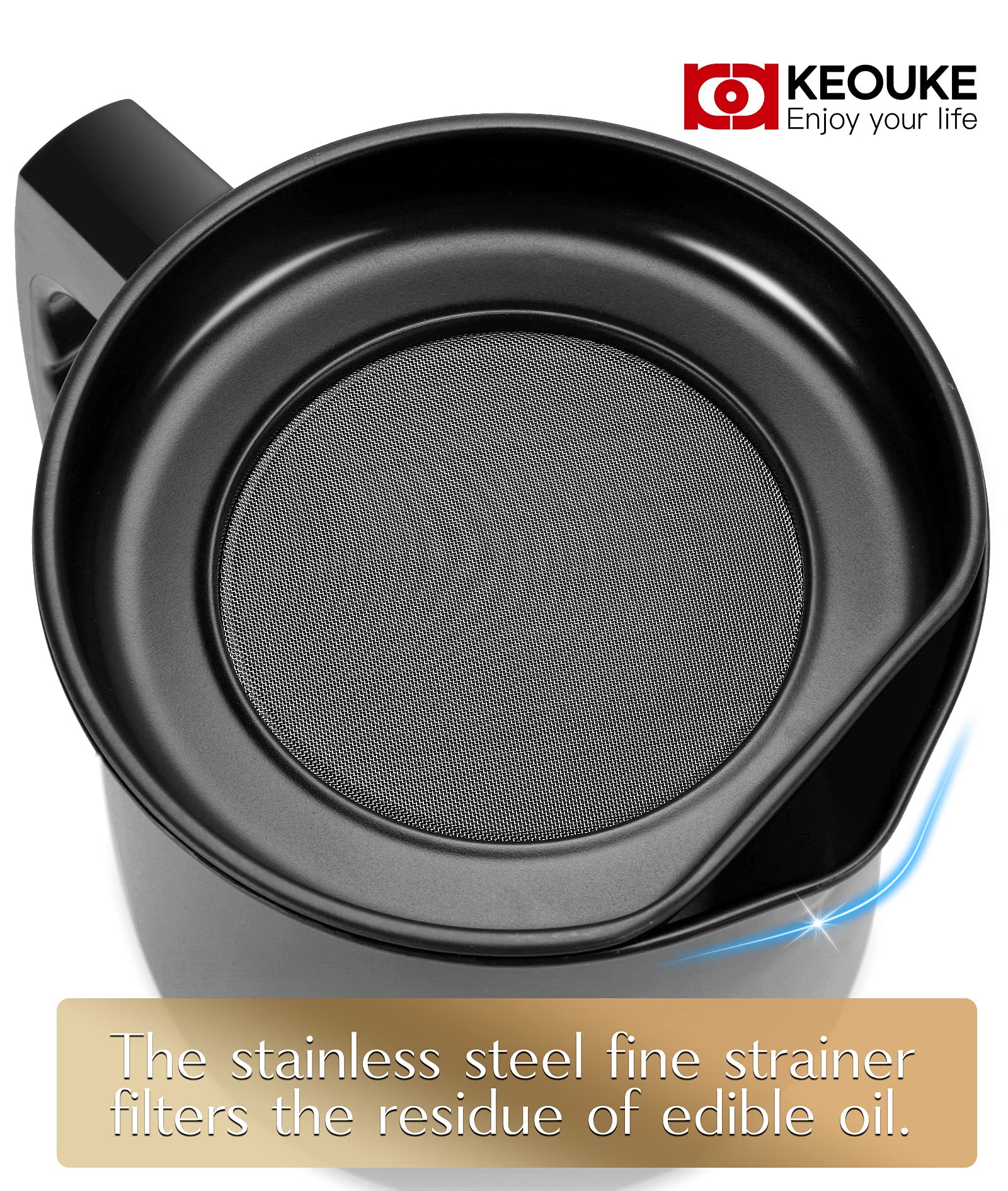 Keouke Bacon Grease Container With Strainer - 1.3L / 5.2 Cups Oil Storage Holder Can For Cooking, Frying With Replaceable Cleani