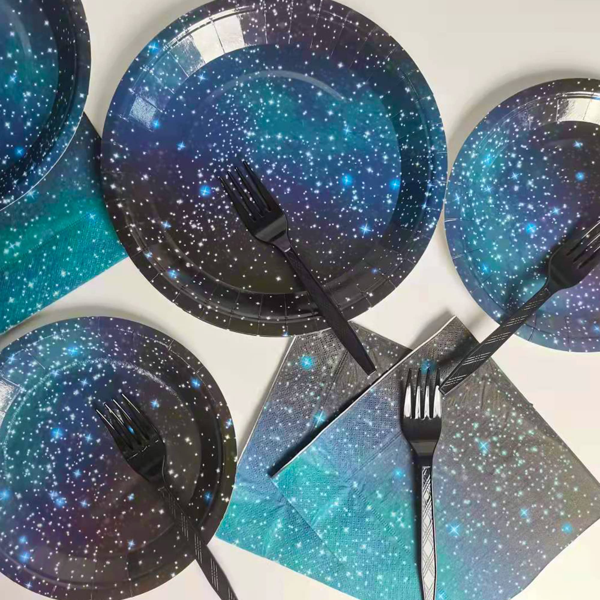 96 Pcs Galaxy Party Starry Night Supplies Tableware Set Outer Space Theme Birthday Star Party Table Decorations Solar System Pap
