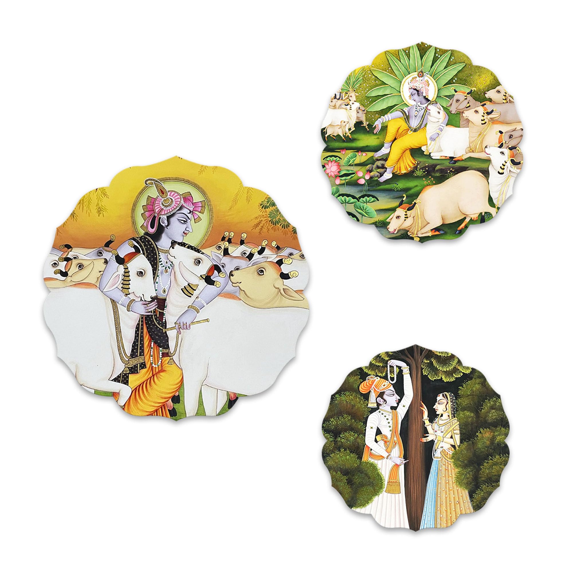 Artvibes Shri Krishna With Cows Round Shape Mdf Wooden Wall Decor Items | Living Room | Handcrafted Art | Wall Poster | Aestheti