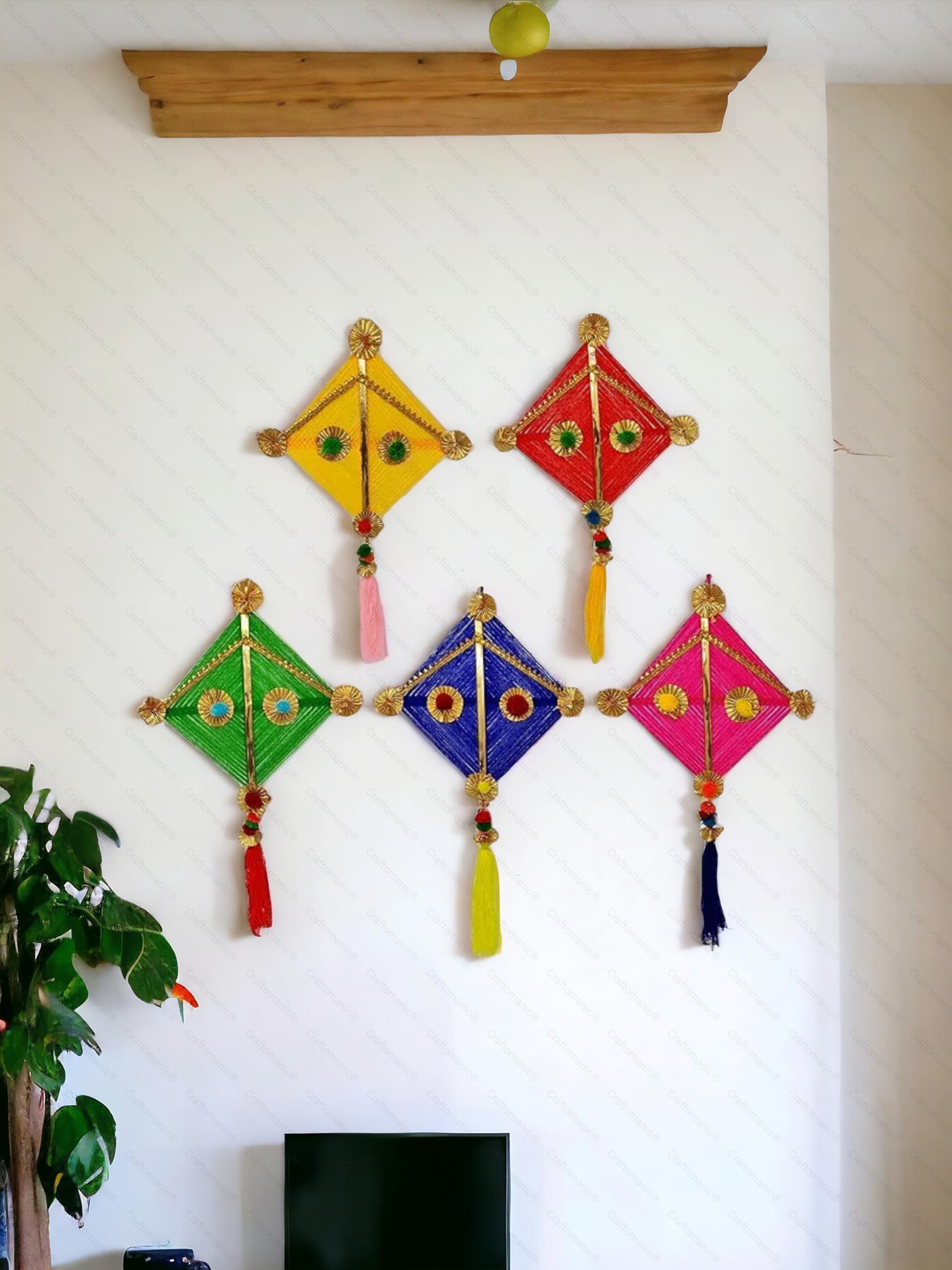 Craftomanic Woolen Handmade Colorful Kite Hanging Decoration Wedding Decorations, Event Decor | Perfect For Diwali, Ganpati & Po