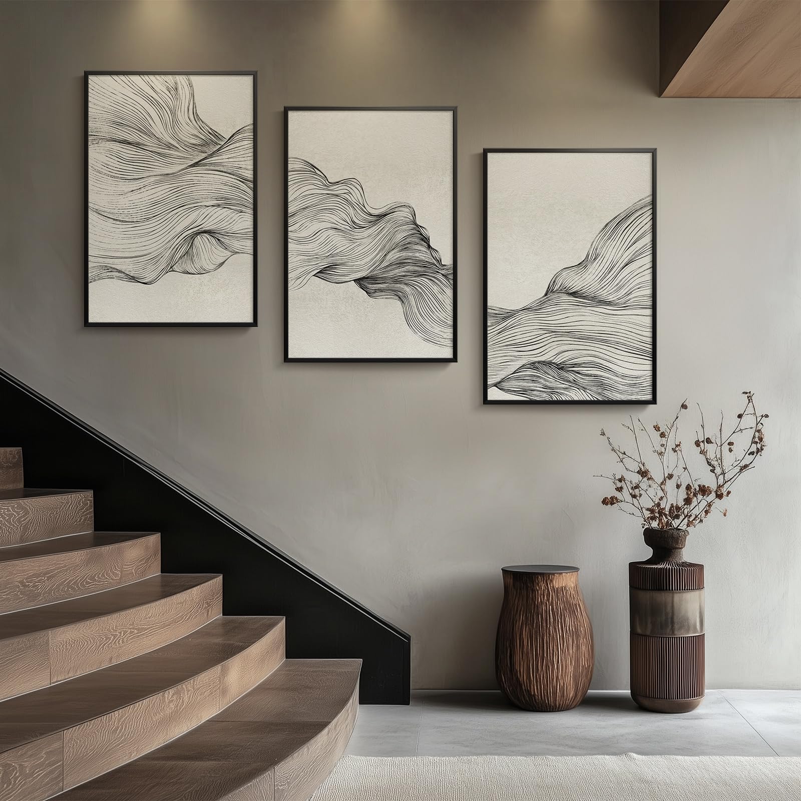 Large Framed Black And White Abstract Wall Art For Living Room, 3 Piece Modern Canvas Prints Paintings For Walls, Minimalist Bla