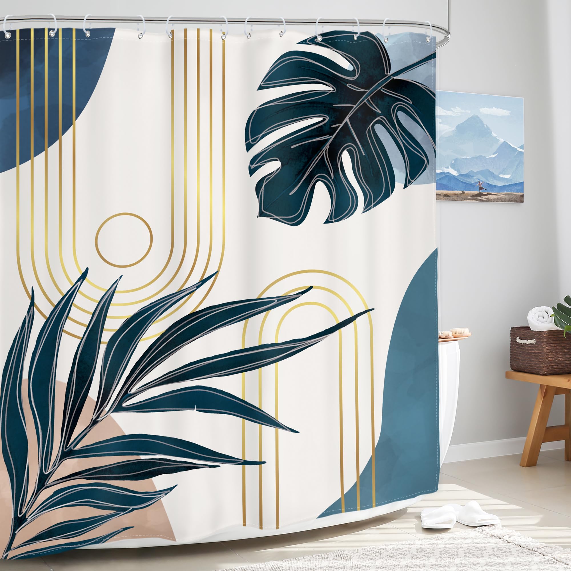 Glawry Boho Navy Blue Shower Curtain Mid Century Abstract Tropical Palm Leaf Modern Minimalist Plant Botanical Bathroom Geometri
