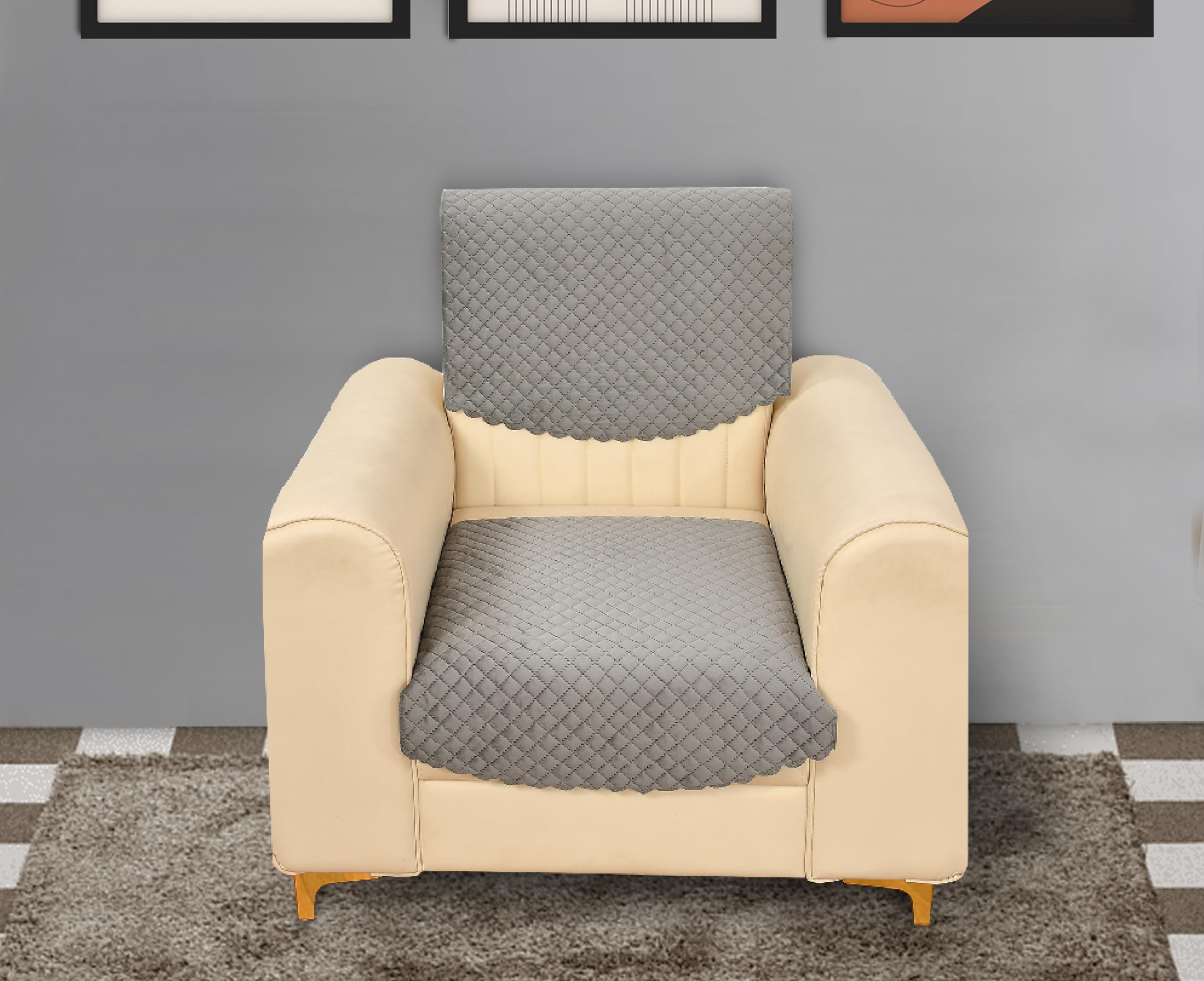 Yellow Weaves 1 Seater Self Design Quilted Sofa Chair Cover, Seat & Back Cover, Color - Dark Grey