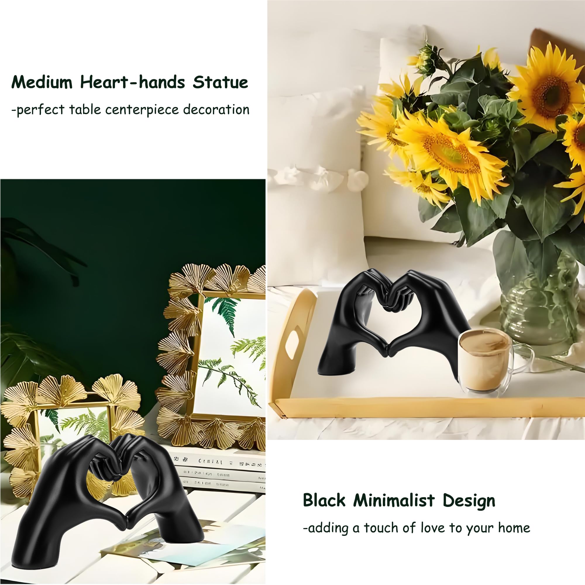 FANTESTICRYAN Medium Heart Hands Statues Black Hand Love Sculpture Decorative Home Decor Ornaments for Living Room, Wedding, Bed